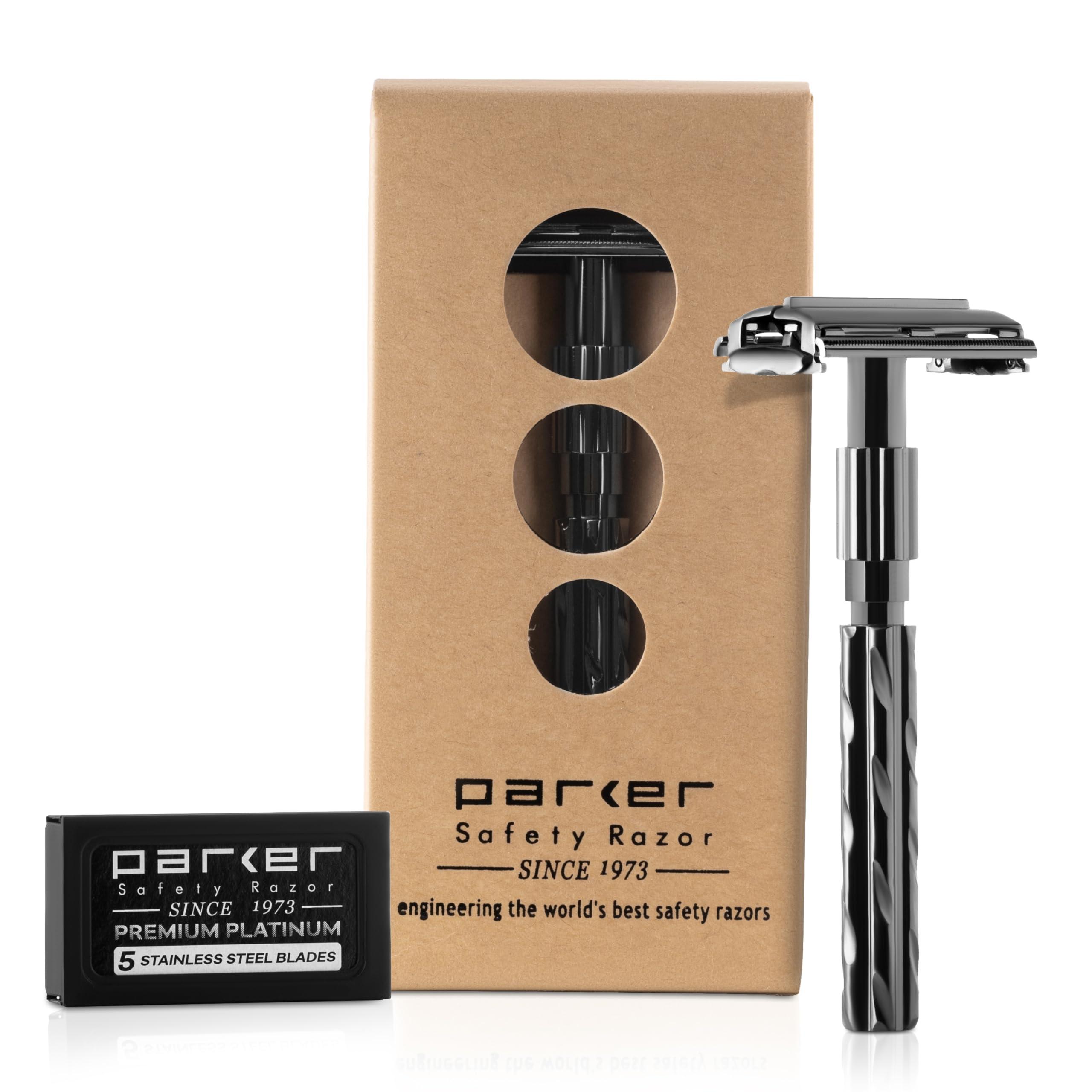 PARKER Safety Razor PARKER Safety Razor 22R - Gunmetal Finish Butterfly Open Safety Razor And 5 Parker Razor Blades Metallic