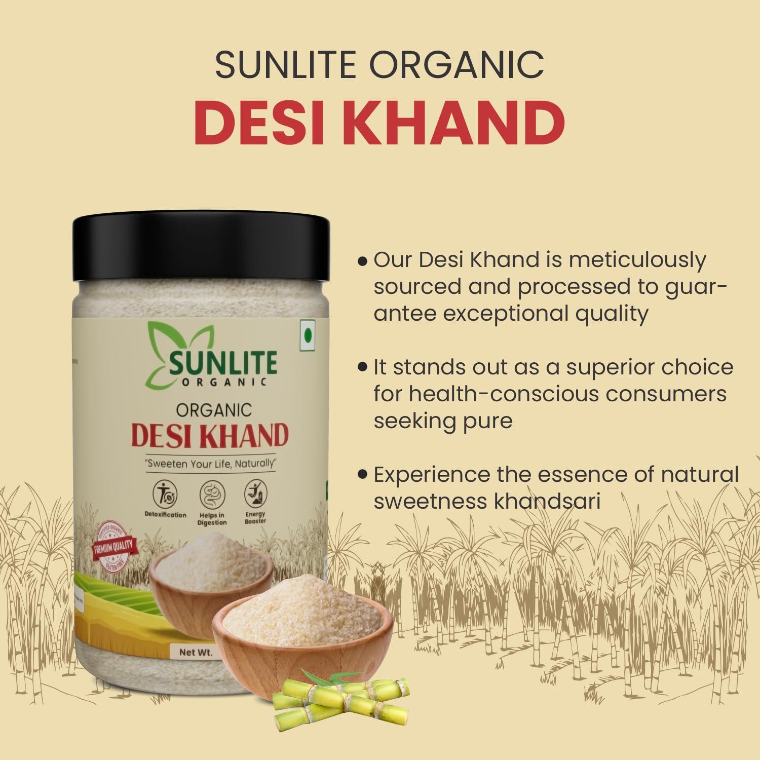 SUNLITE ORGANIC SUNLITE ORGANIC Desi Khand Sugar, 500g, with Natural Molasses Retained, Chemical & Pesticides Free, Organic Sugarcane Khandsari Sugar, Sulphur-Free Khaand, Unrefined & Unprocessed Raw Sugar