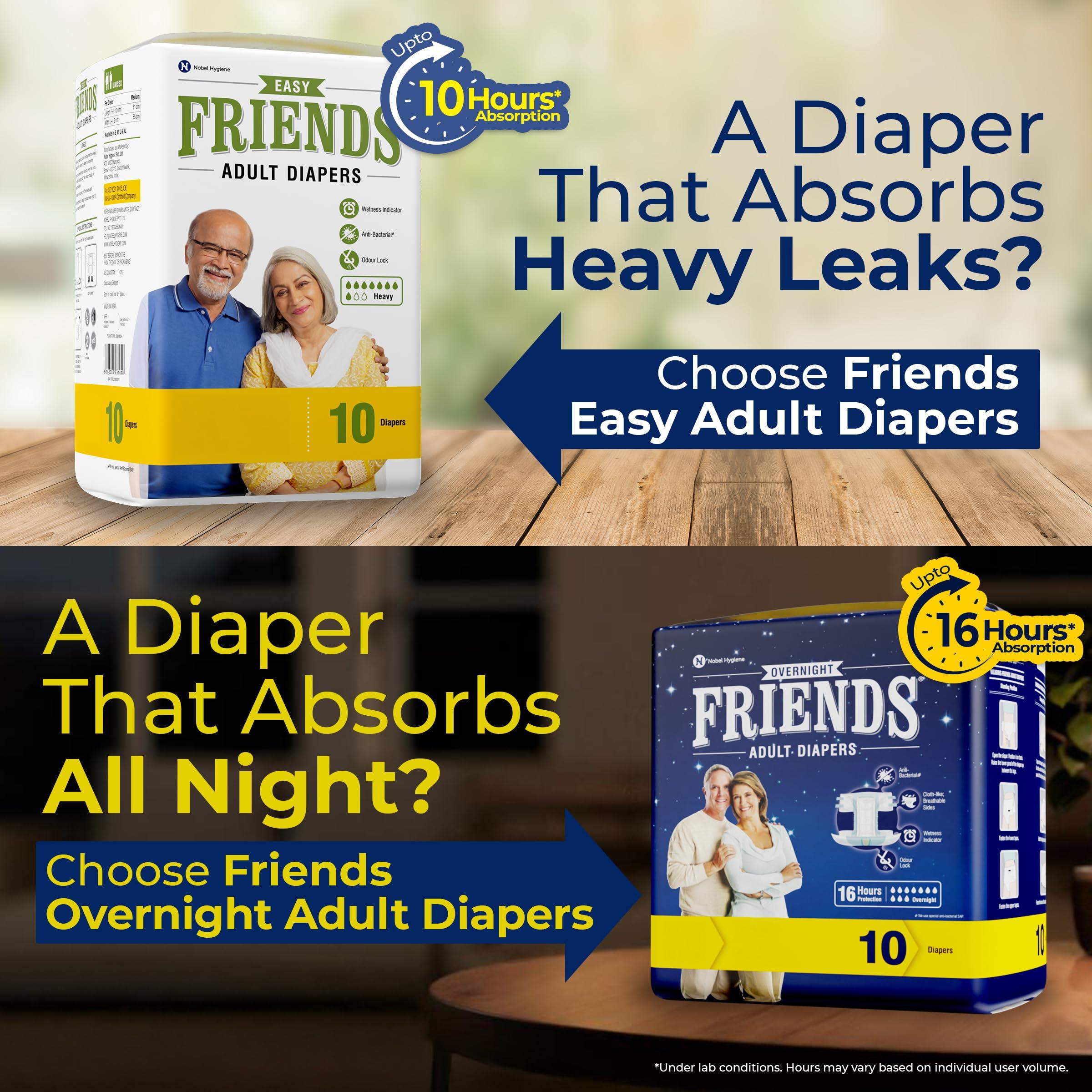 Friends Friends Easy Adult Diapers Tape Style - 20 Count (Medium) with odour lock, Unisex, Leakproof, Wetness Indicator and Anti-Bacterial Absorbent Core- Waist Size 28.35-51.18 inch; 72-130cm