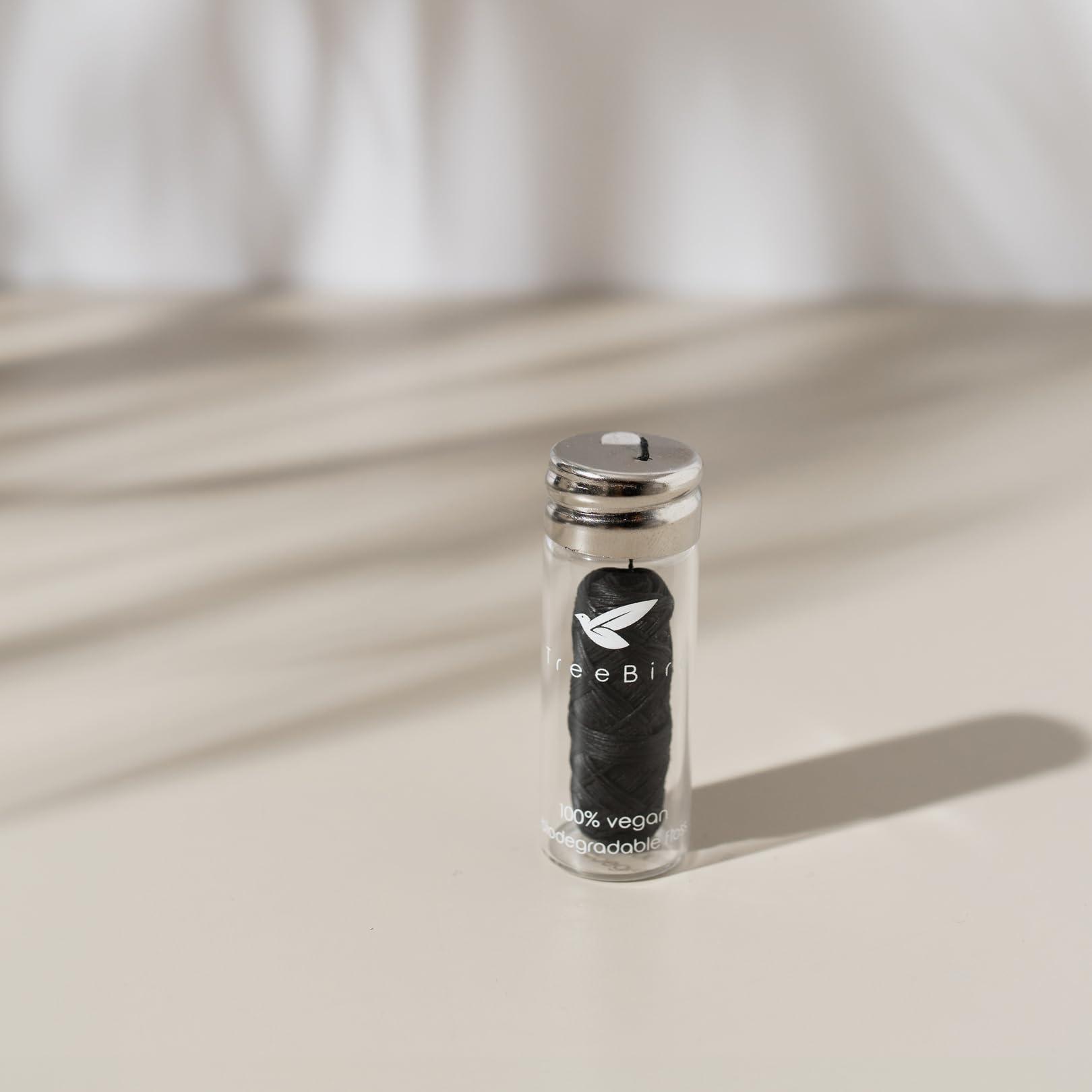 TreeBird Organic Biodegradable Bamboo Charcoal Dental Floss & Refillable Glass Holder | Vegan | Naturally Waxed With Candelilla Wax | 33yd Thread Spool | Eco-Friendly Zero Waste Oral Care | Mint Flavored