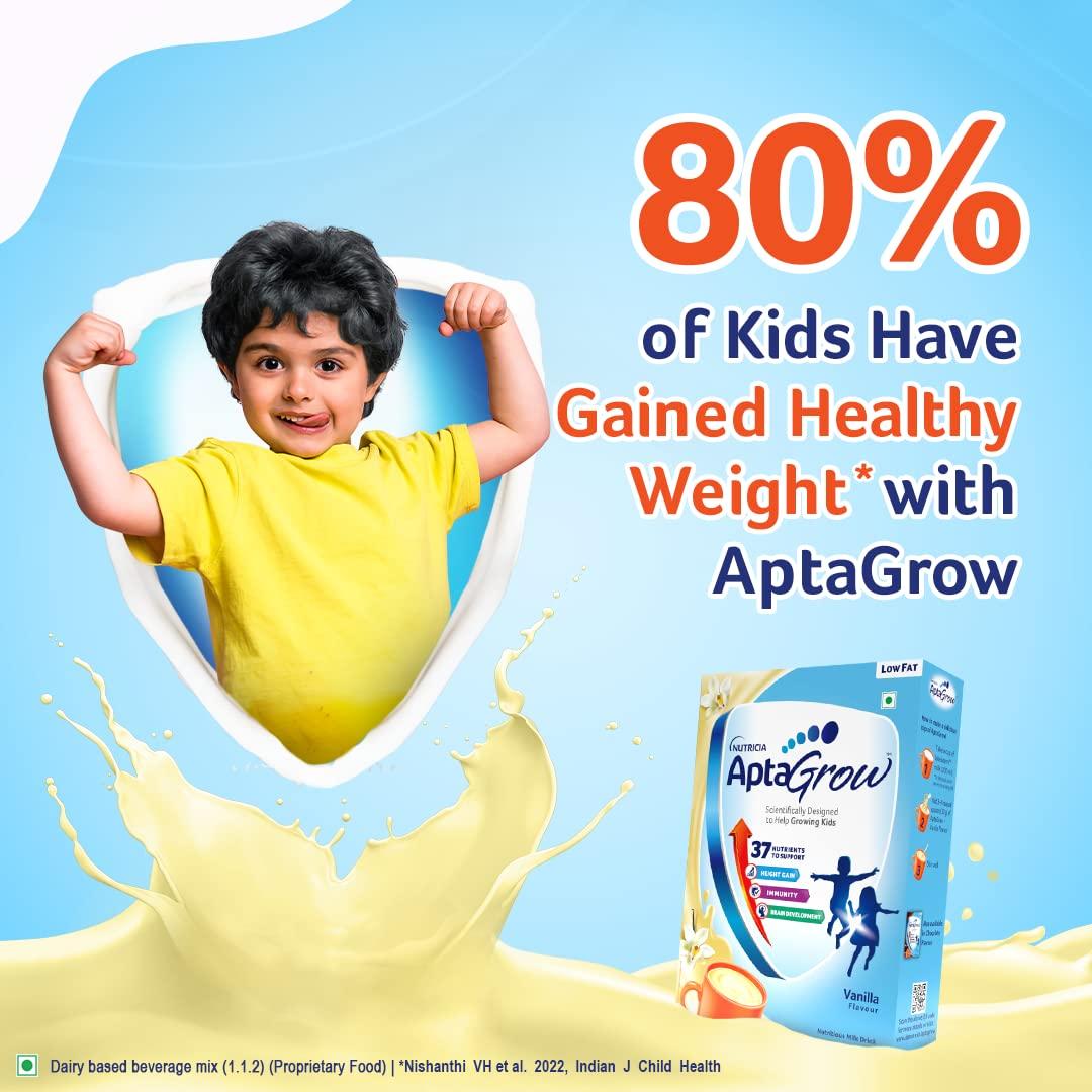 AptaGrow AptaGrow Milk Drink Powder for Kid s Height Gain, Immunity & Brain Development, Nutritious & Tasty Vanilla Flavor, 400g | 37 Nutrients | Prebiotics | Low Fat | Veg | Pack of 2