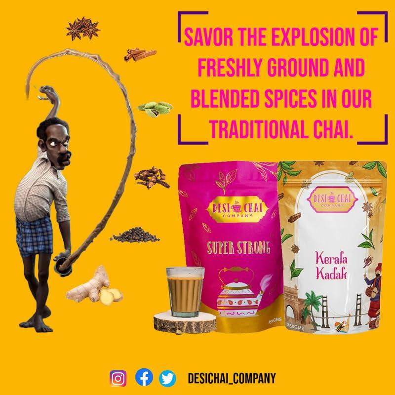 DCC - Desi Chai Co Desi Chai Company Strong Tea & Masala Chai Each 250gm | Masala Chai Patti | Adrak Chai | | 100% Natural Spices Assam CTC Tea & Blended Black Tea Powder | Kadak Chai (Kerala Kadak)