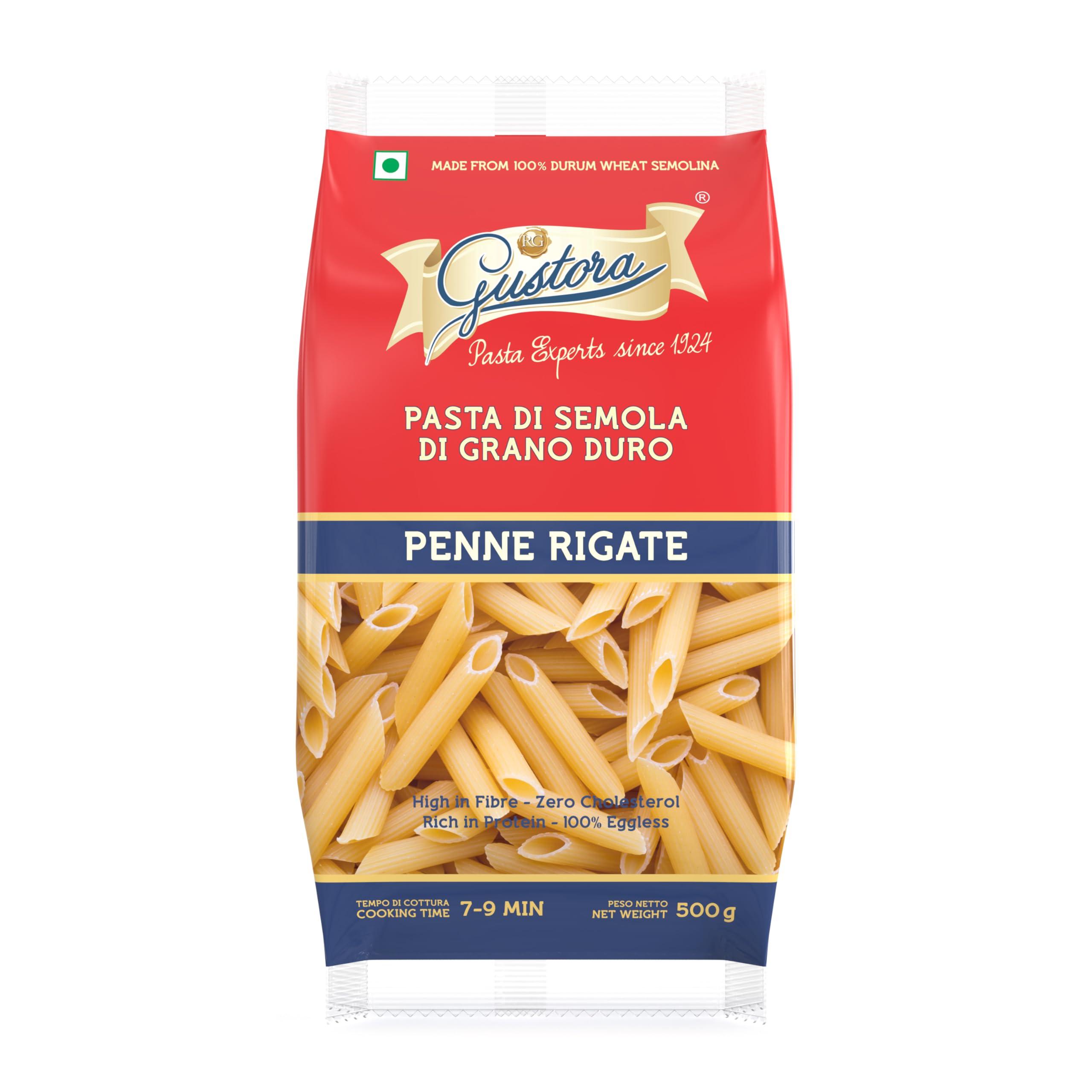 Gustora Gustora Penne Rigate Pasta, 500g I Penne Pasta Made of Durum Wheat Semolina I Vegetarian I Tasty & Healthy I No Trans-fat I Rich in Protein I Cooking Time 10 Min (500 Gram)