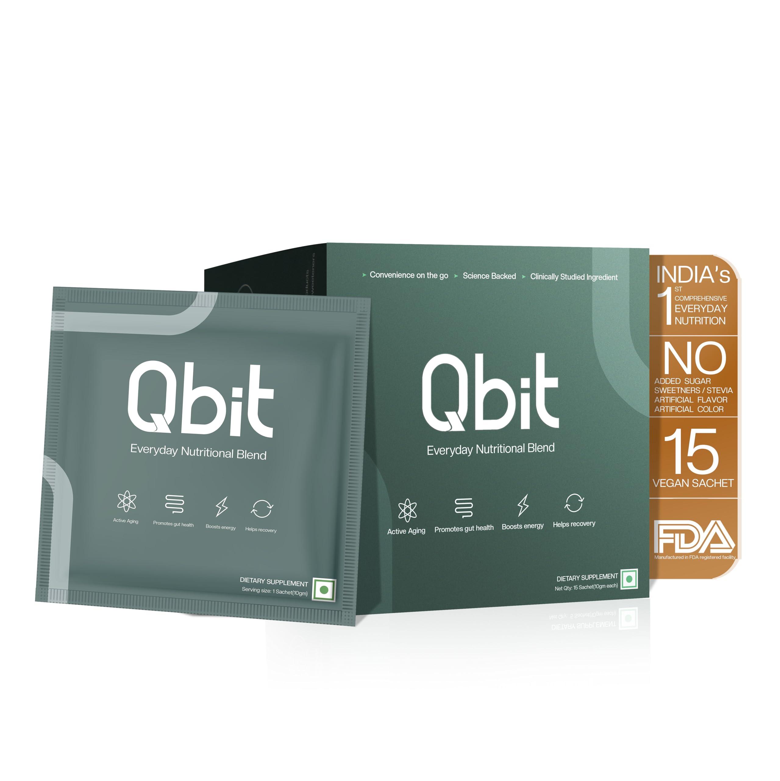 QBIT Qbit Gut Health Supplements Drink | Prebiotics | Probiotics | Plant Based | Daily Nutrition for Women and Men | Support Gut Health, Constipation, Digestion, Immunity | No Preservatives, No Color, Zero Sugar (15 Days Servings Sachets)