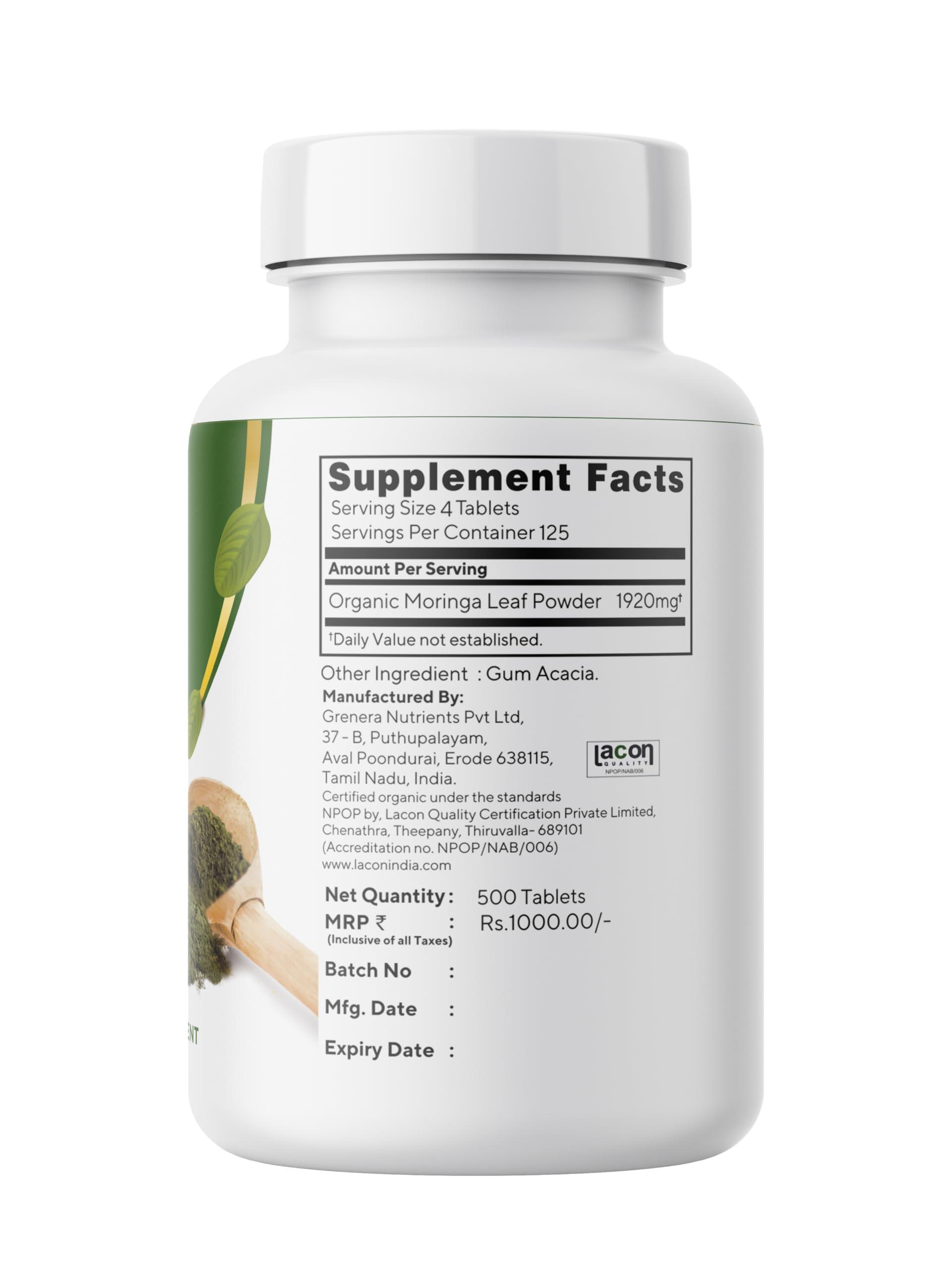 GRENERA Grenera Moringa Oleifera uncoated Tablets - Made with Dried Moringa Leaf - Non-GMO Whole Green Super-Food 500 Count (Pack of 1)