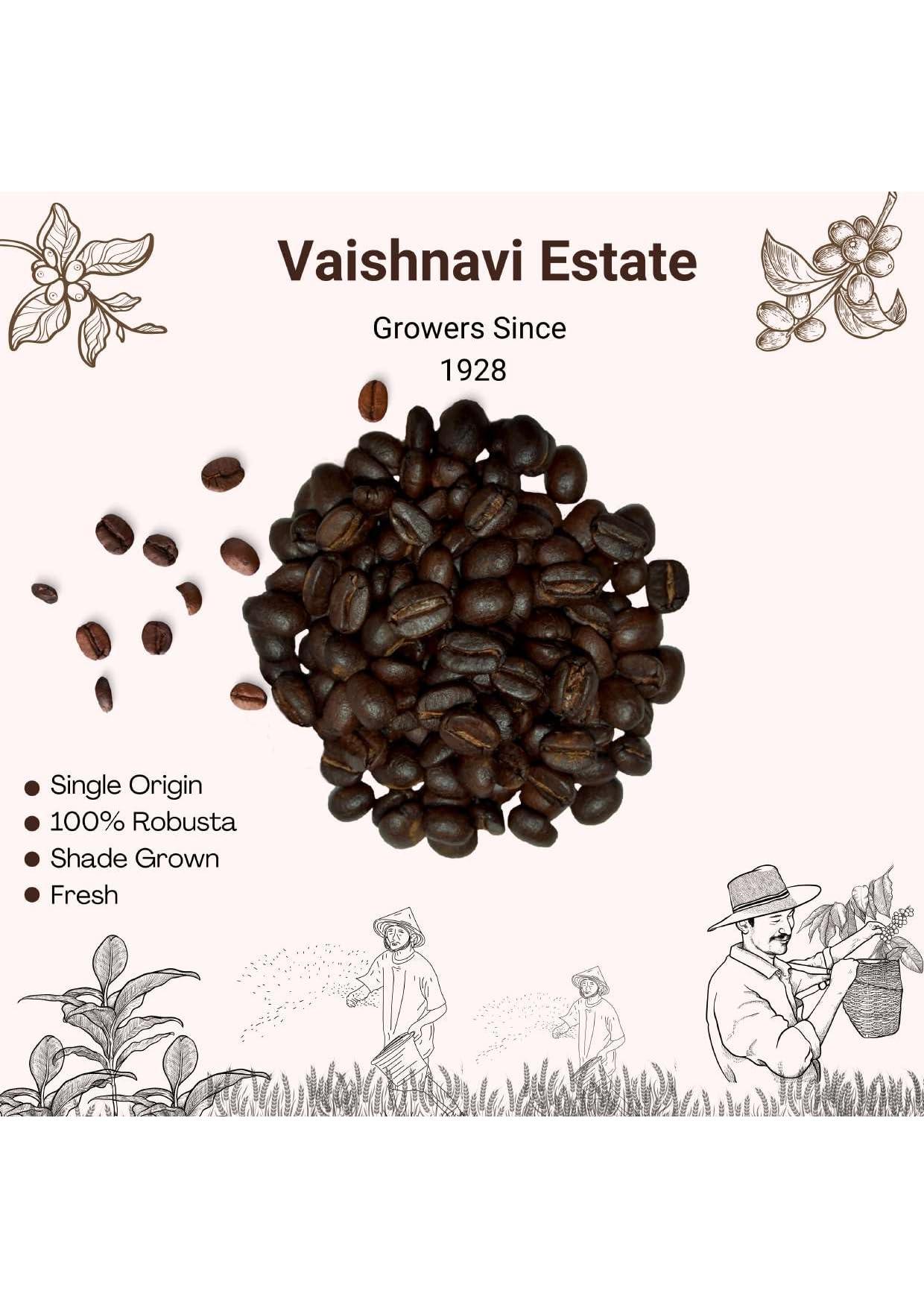 Vaishnavi Estate Vaishnavi Vegan Light Roast Robusta Single Origin, Shade Grown Fresh Coffee || 100% Pure Coffee || (Whole Bean, 250 grams)