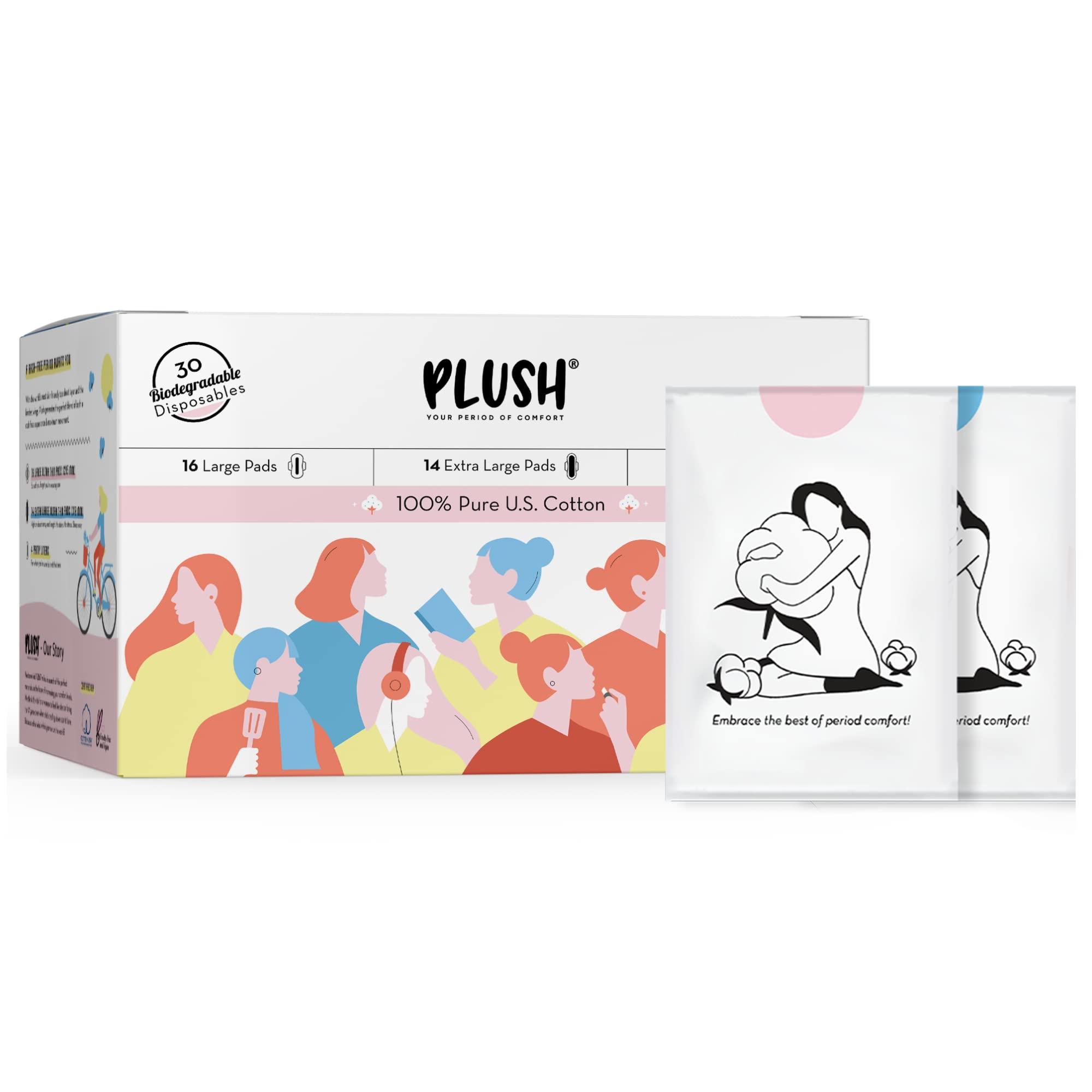 PLUSH Plush 100% Pure U.S. Cotton 30 Sanitary Pads for Women Each with Disposable Pouches | 16L Pads, 14XL Pads & 4 Panty Liners & Daily Ultra Thin Panty Liners for Women,40 Liners-150mm in Length