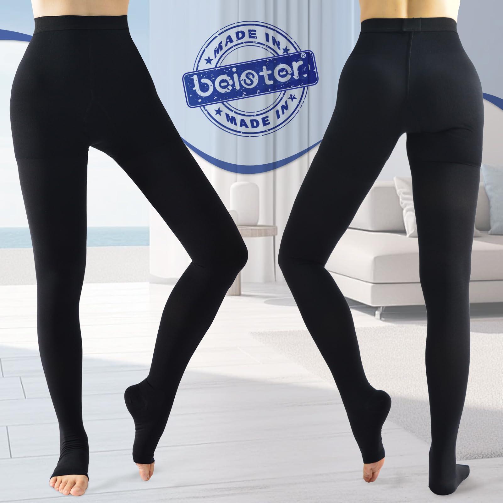 beister Medical Compression Tights for Women & Men, Open Toe Thigh High Pantyhose, 20-30mmHg Graduated Support (Beister), Black, Large
