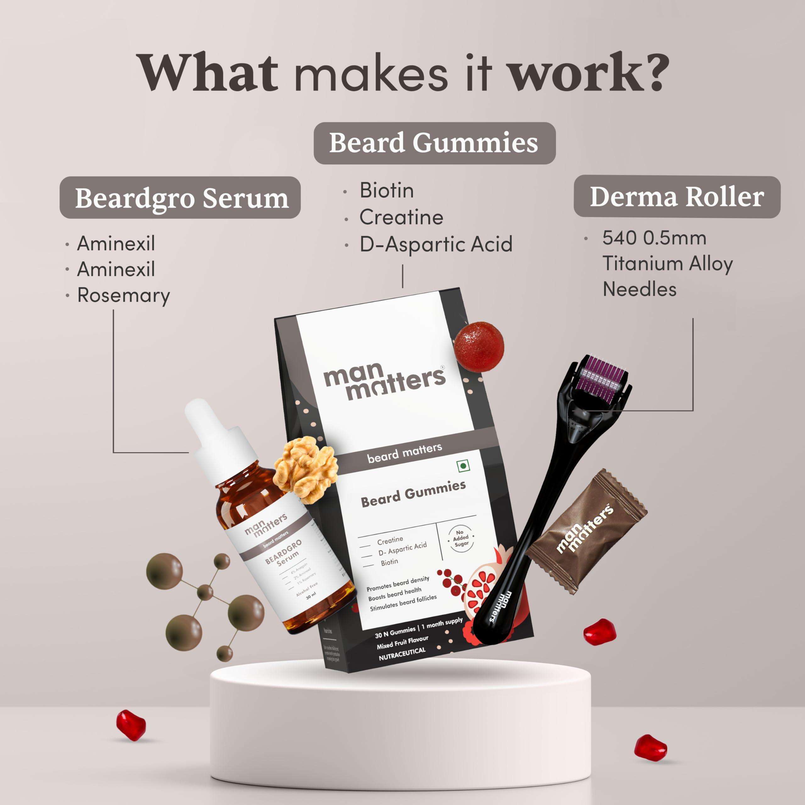 Man Matters Man Matters Ultimate Beard Growth Kit With Beard Serum, Beard Gummies & Advance Derma Roller | With 4% Anagain, 1% Rosemary, Biotin | For Beard Growth & Nourishment | SLS & Alcohol Free, 100% Vegan