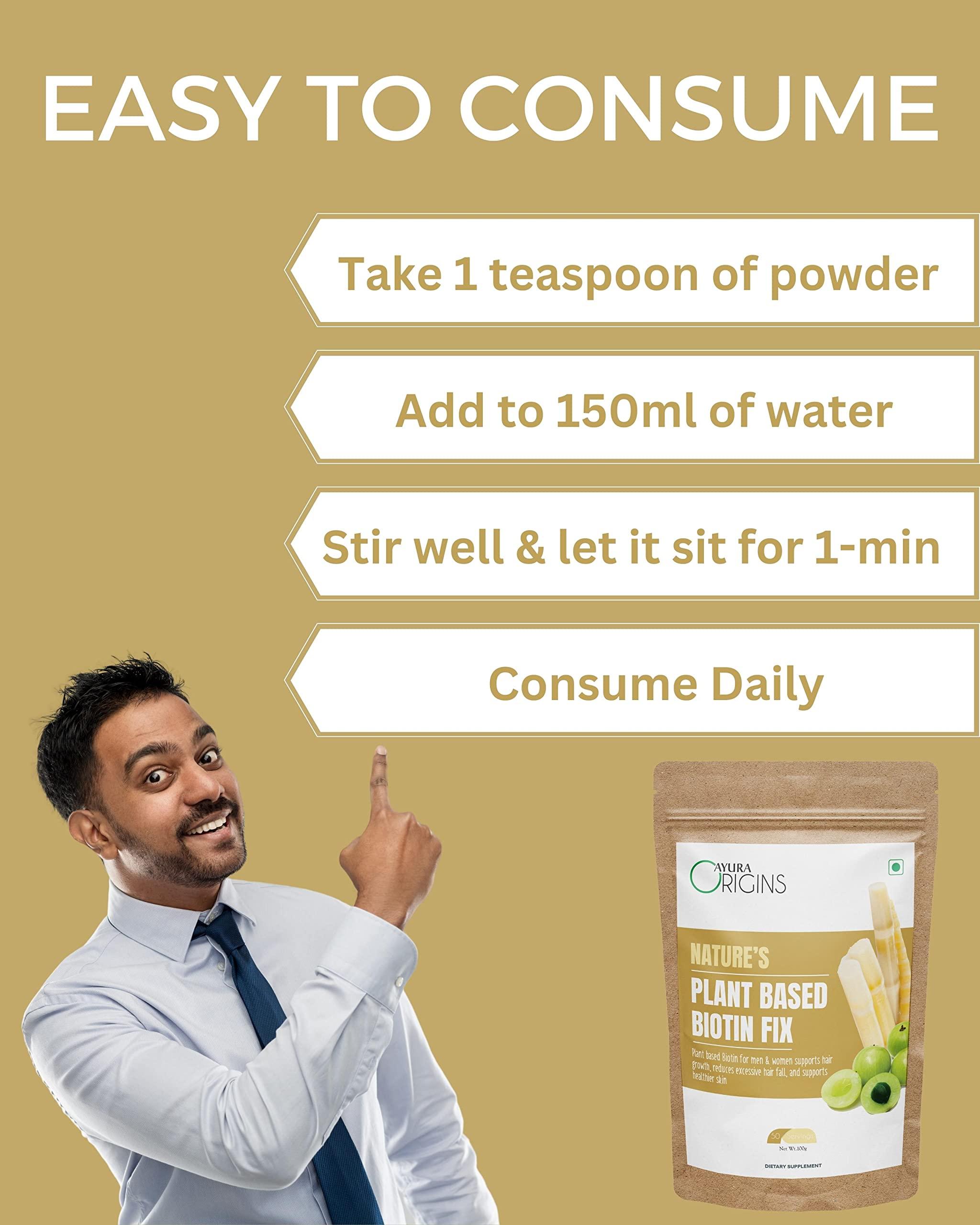 AYURA ORIGINS AYURA ORIGINS Nature\'s Plant Based Biotin Powder Fix Reduce Excessive Hairfall Promote Better Hair Health Vegetarian 100Gm 50 Servings