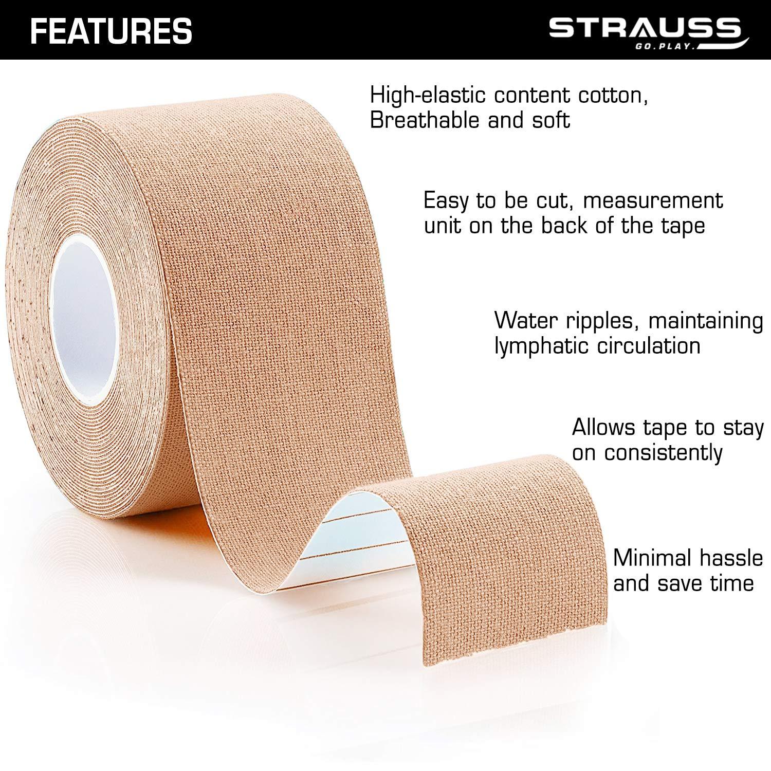 STRAUSS STRAUSS Kinesiology Sports Tape for Knee,Calf & Thigh Support|Waterproof Athletic Sports Tape for Muscle Support,Hand Leg Joint Support & Physiotherapy|Kinesio Tape for Sports Injury,(Beige)