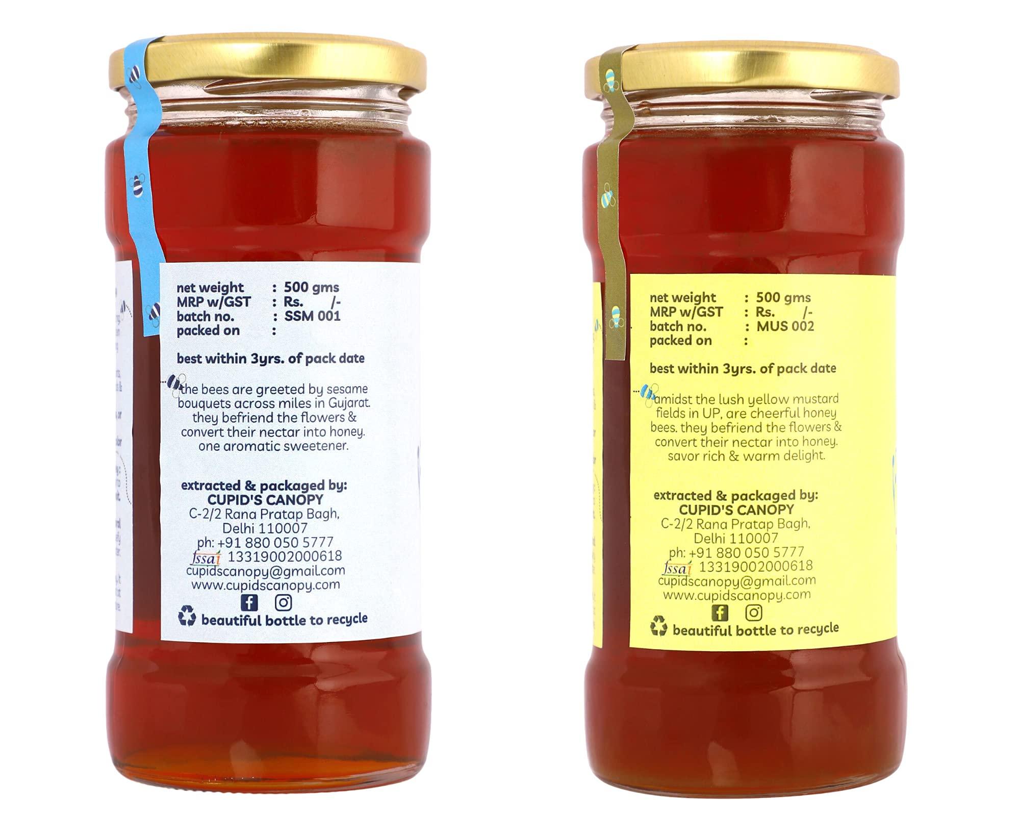 cupid's canopy CUPID'S CANOPY SUPER SAVER PACK Sesame honey 1 x 500gms Mustard honey 1 x 500gms NATURAL | UNPROCESSED | UNPASTEURISED Glass jar