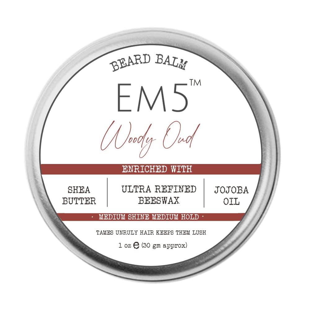 Em5 Em5 's Woody Oud Organic Beard Balm Shape Style And Tame Medium Hold And Shine Long Lasting Fragrance For All Hair| Mustache And Beards Wax Gift For Him/Men,1 Count