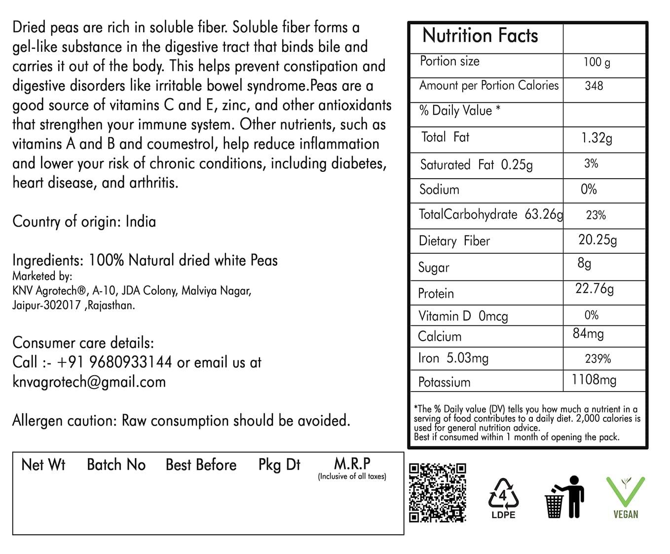 SVEDNIKA SVEDNIKA White Peas | Pulses | Matar | White peas dry | Sukhe matar | Dry matar | Tastes delicious | Rich in fibre and protein | Resealable ZipLock Packaging | 400 Grams