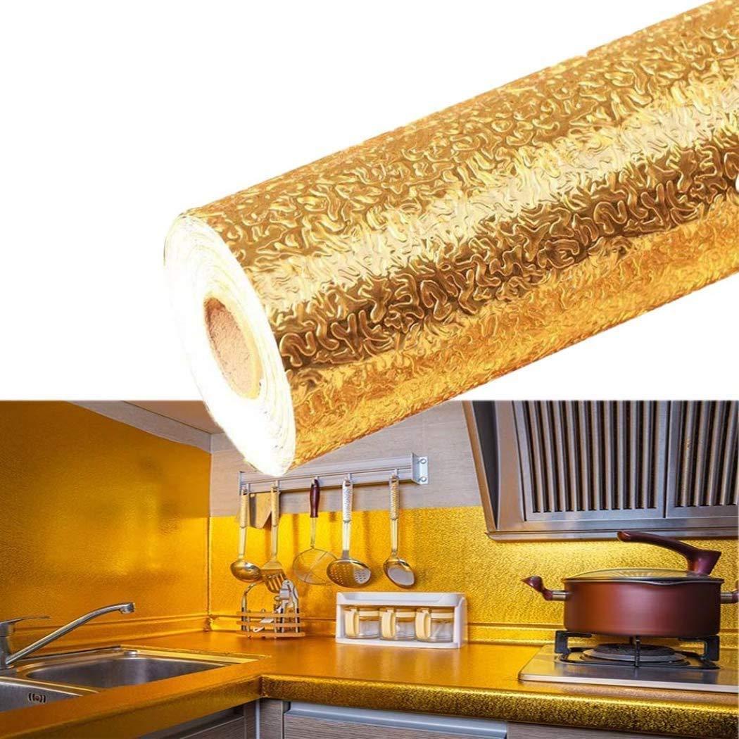 DHYANI DHYANI Golden Kitchen Wallpaper Roll Oil Proof Waterproof Paper Aluminum Foil Back splash Sticker Anti-Mold and Heat Resistant for Walls Cabinets Drawers and Shelves [5 meter]