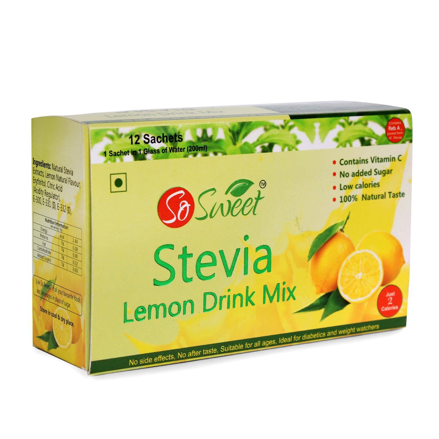 So sweet So Sweet Stevia Lemon Instant Drink Mix Sugar Free | Zero Calories| Enrich with Vitamin C | 12 Sachets