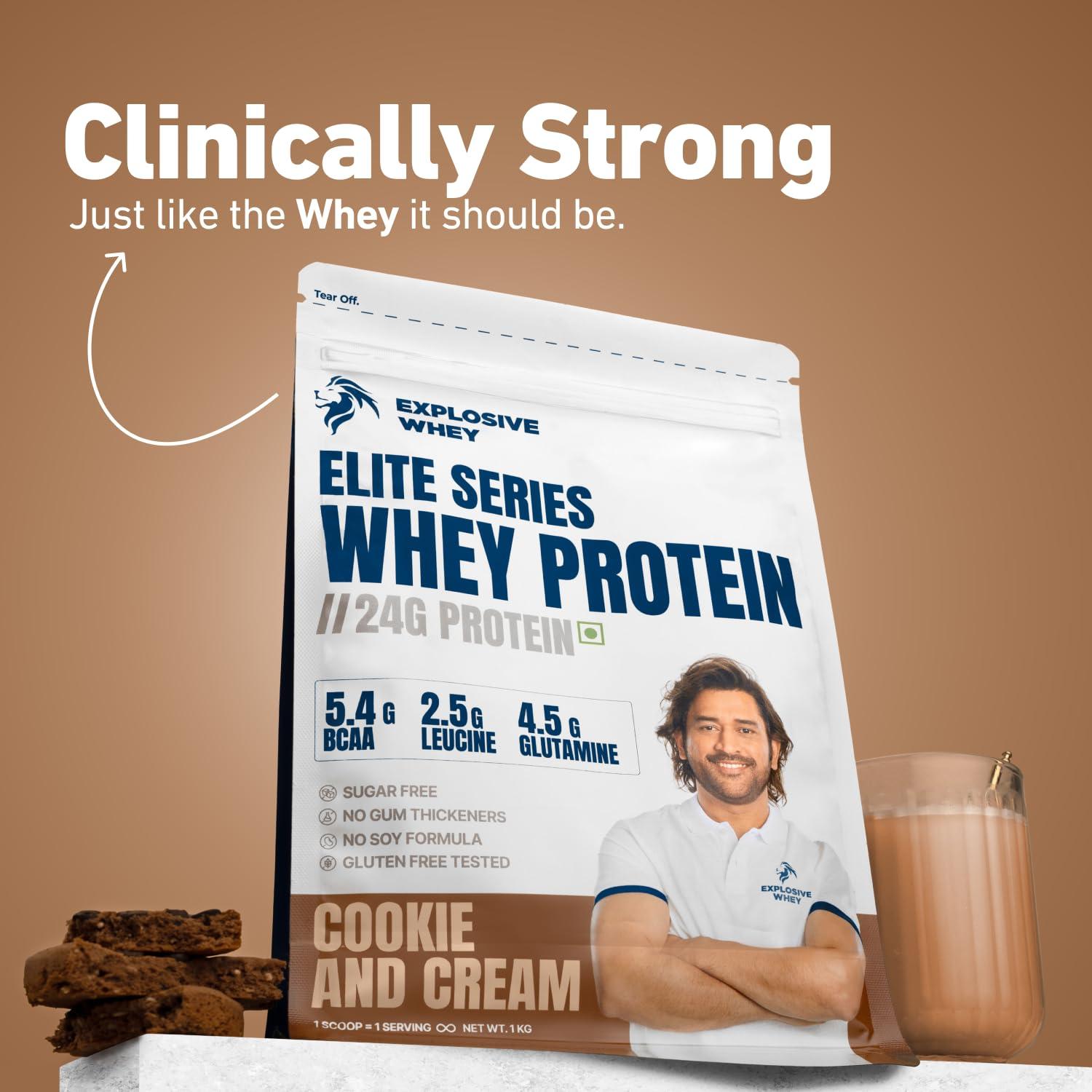 EXPLOSIVE WHEY Explosive Whey Elite Series Whey Protein - Trusted by M.S. Dhoni and Kedar Jadhav | Premium, Concentrate Sport Supplements for Enhanced Muscle Growth and Recovery (30 Servings - 1Kg, COOKIE & CREAM 24g Protein)