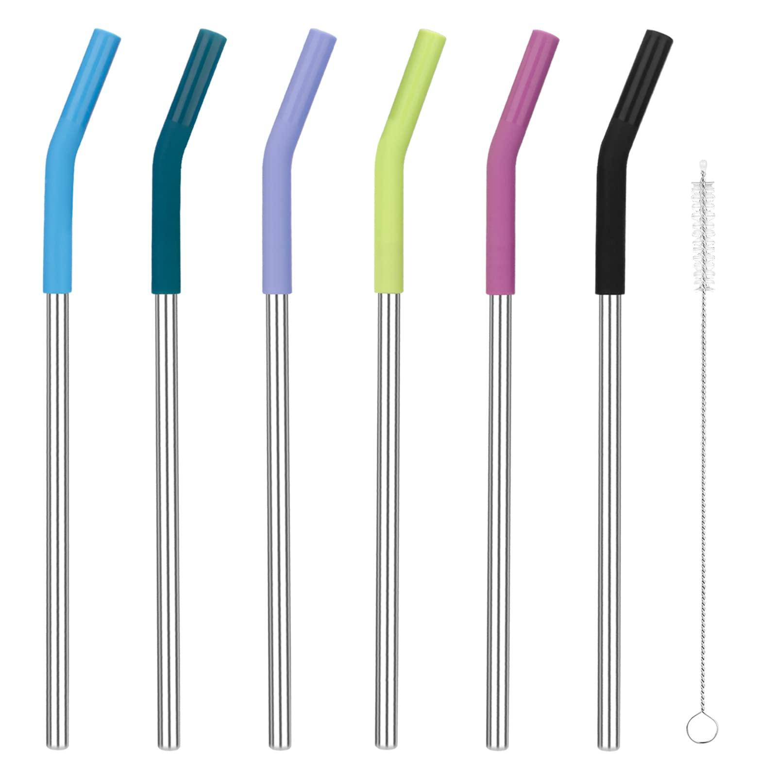 Zenbo Set of 6 Stainless Steel Reusable Metal Straws with Silicone Flex Tips Elbows Cover, 6 Steel Straws,6 Silicone Tips,1 Straw Cleaning Brush