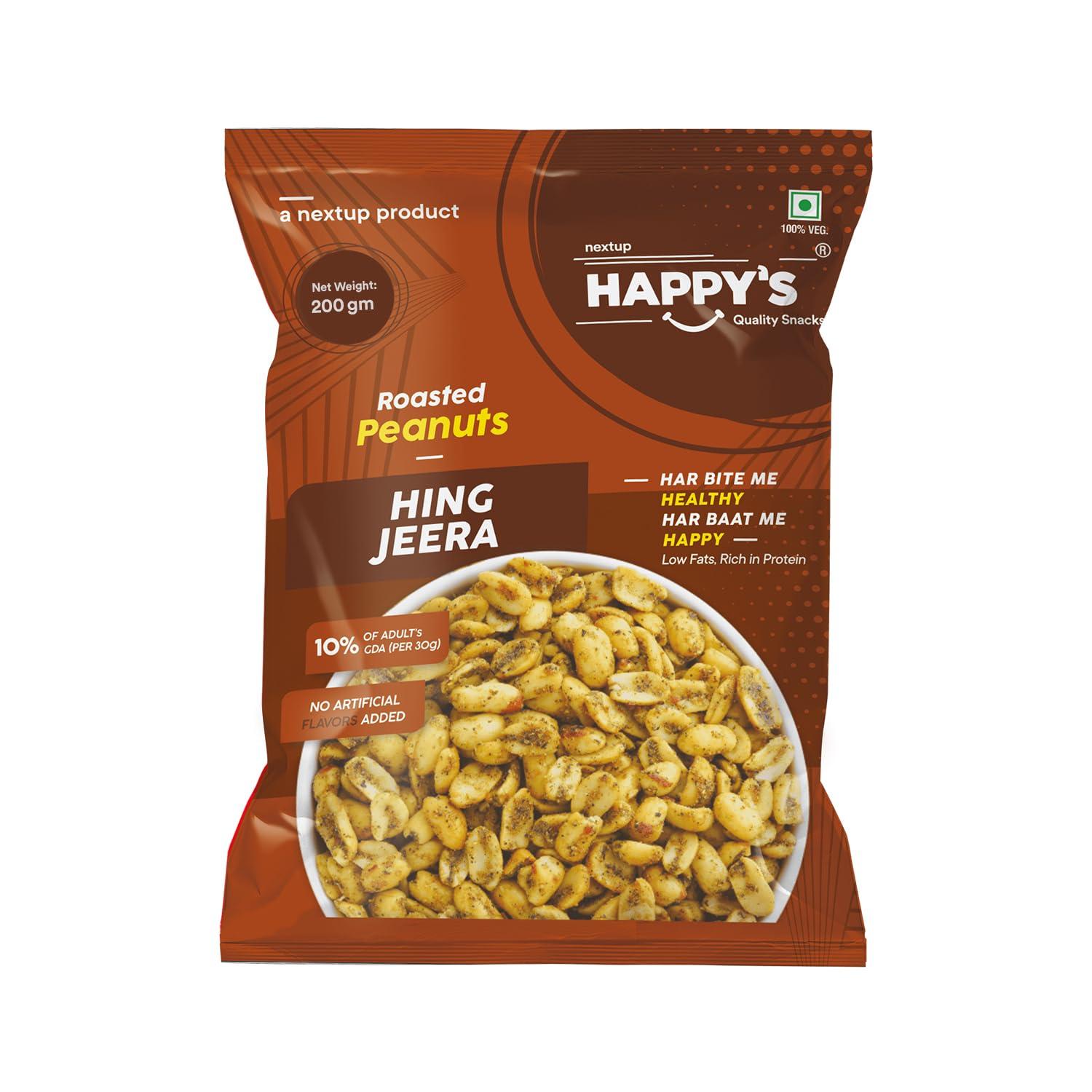 NEXT UP HAPPYS Happy\'s Roasted Peanuts, 200 gm| Pack of 2| Hing Jeera Peanuts| Low Fat| Rich in Protein| Roasted, not Fried| No Artificial Flavors| Healthy Snack for Anytime Snacking|