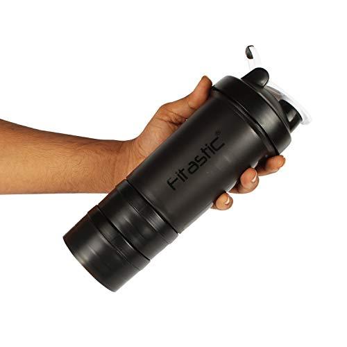 FITASTIC Fitastic ProMax Shaker Bottle 500ml with Extra Storage Compartment 100% Leakproof Guarantee, Ideal for Protein for Gym(Pack of 1, Black, Plastic)