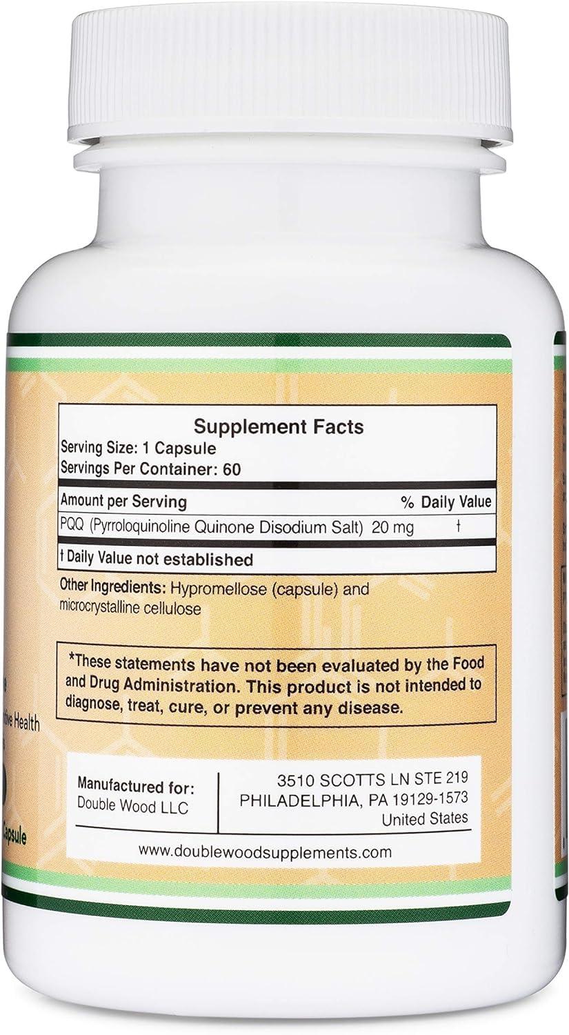 ATHINIKA NUTRITION PQQ Supplement - 20mg, 60 Capsules (Pyrroloquinoline Quinone) Promotes Mitochondria ATP Coenzyme Levels, Energy Optimizer and Sleep Support (Non-GMO, Gluten Free, Vegan Safe) by Double Wood