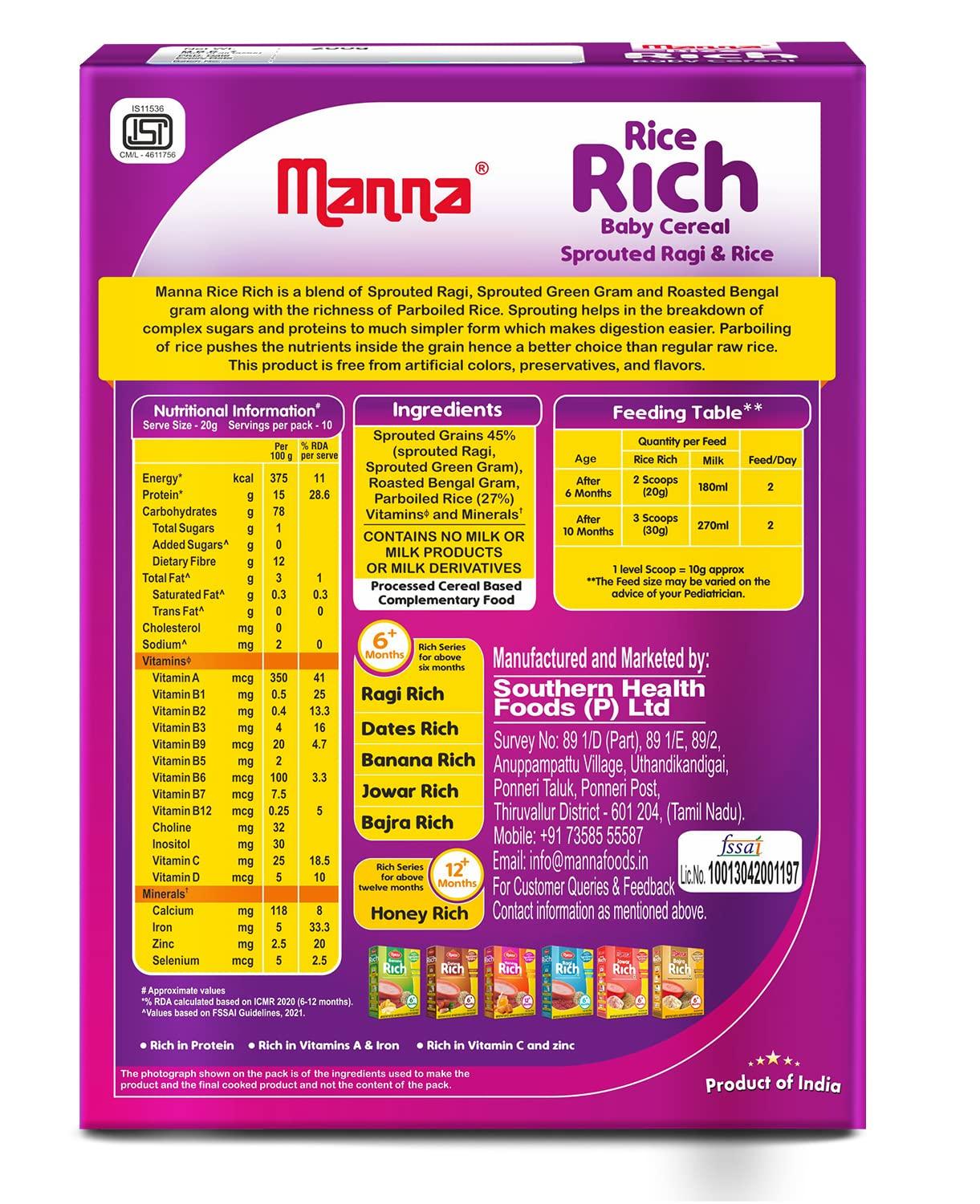 Manna Manna Baby Cereal 200G | Baby Food (6+Months) Sprouted Ragi & Rice | 100% Natural Health Mix - No Flavors