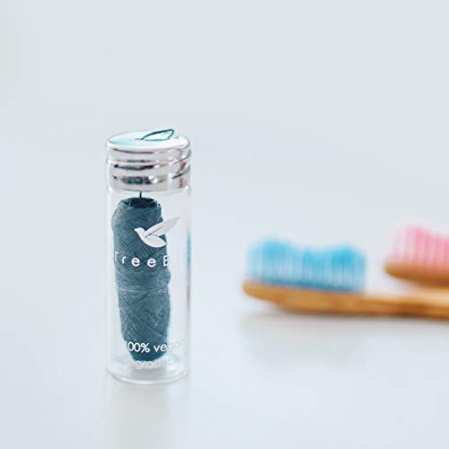 TreeBird Organic Biodegradable Bamboo Charcoal Dental Floss & Refillable Glass Holder | Vegan | Naturally Waxed With Candelilla Wax | 33yd Thread Spool | Eco-Friendly Zero Waste Oral Care | Mint Flavored