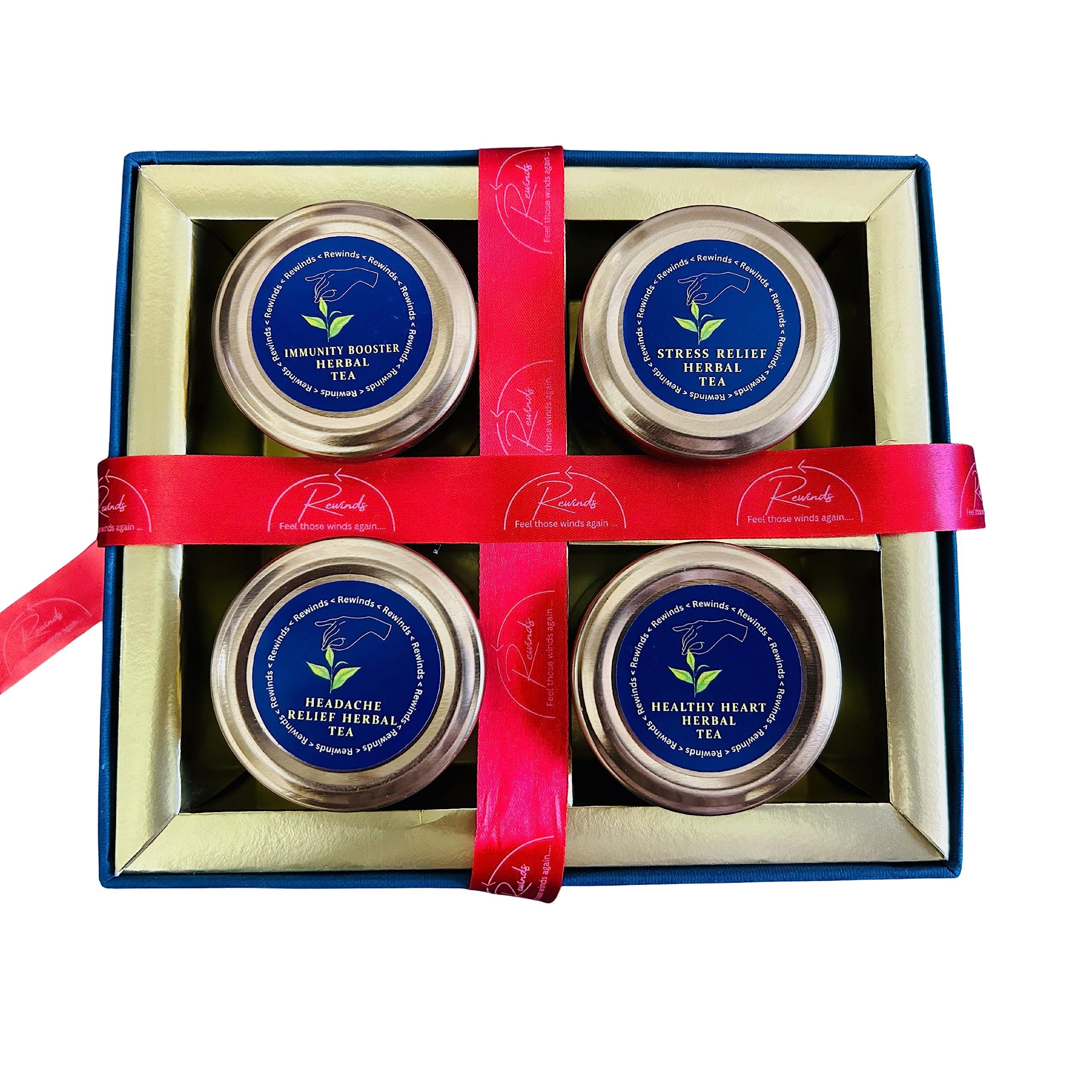 Rewinds Rewinds Assorted Green Tea Gift Hamper Set of 4 Teas Chai | Immunity Booster | Healthy Heart | Headache Relief | Stress Relief | Free Jute Bag and 4 Reusable Glass Jars | Ideal Gift for Diwali, Birthday, Anniversary, Tea Lovers