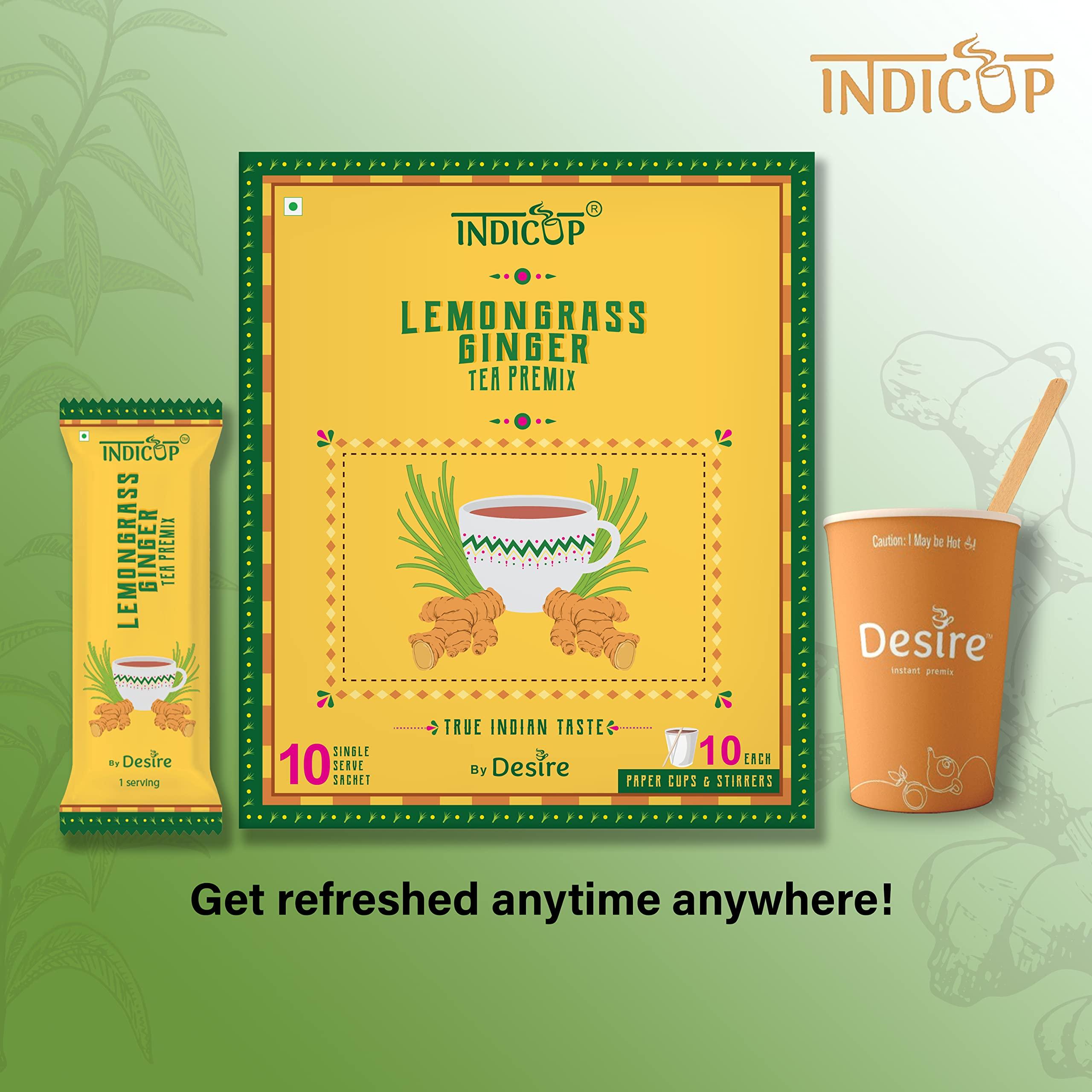 INDICUP Indicup Lemongrass Ginger Tea Instant Premix, Pack of 2-20 sachets (280gms), Instant tea mix, Refreshing taste (2 box - 10 sachets in each)