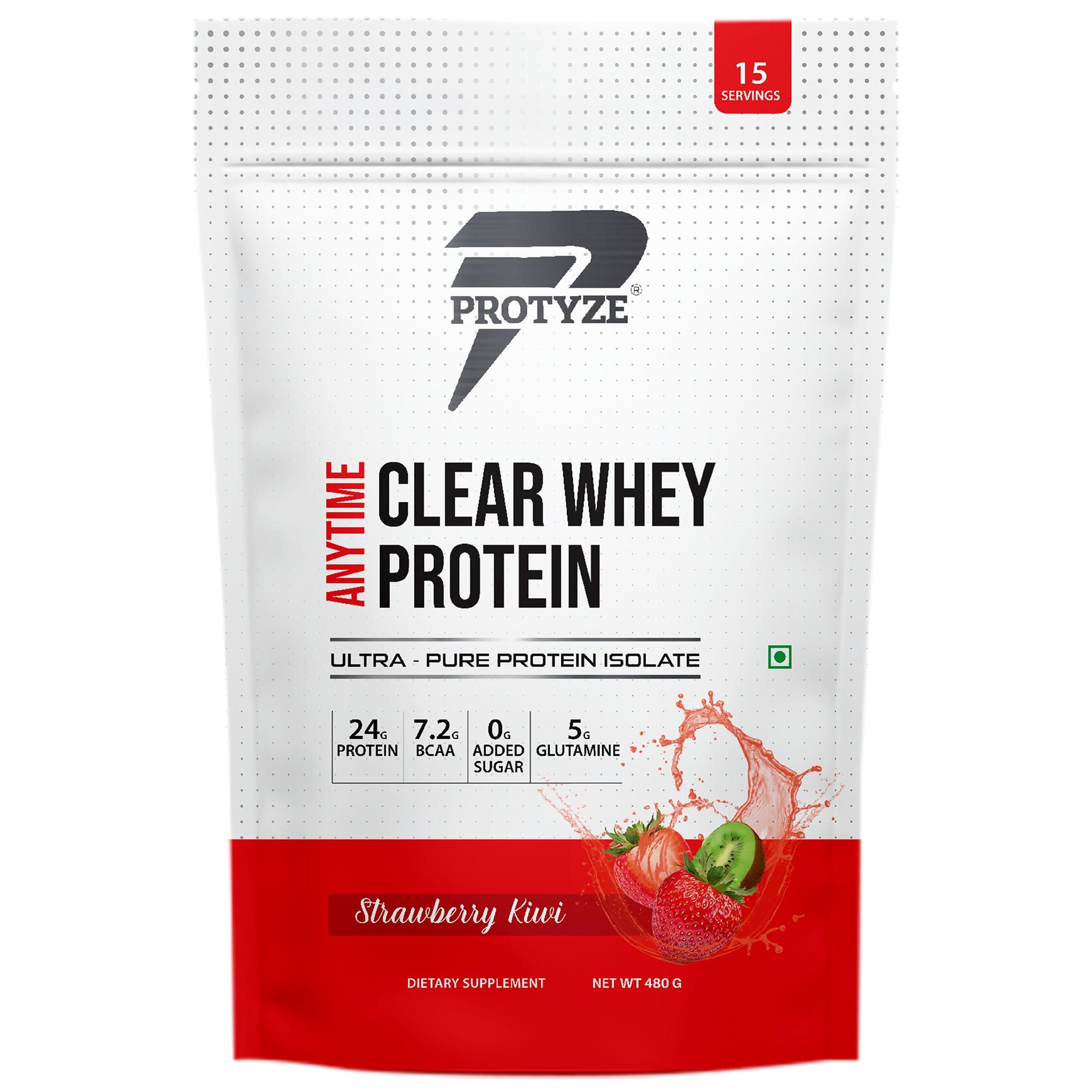 Protyze Protyze Anytime Clear Whey Protein Isolate | 24 g Protein/Scoop | 7.2 g BCAA | Gluten-Free | Low Carb | Light and Refreshing | Muscle Growth & Recovery (15 Servings, Strawberry Kiwi)