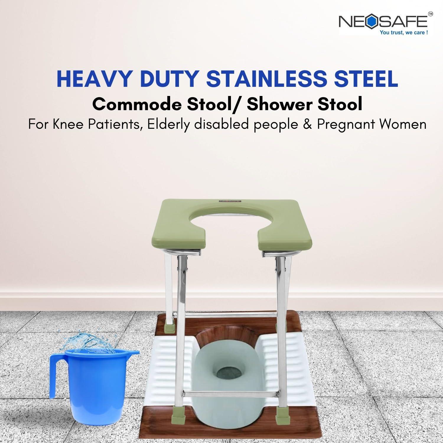 NavaFresh Basics Rewell Life Stainless Steel Folding Elderly Disabled Man and Pregnant Woman Shower and Bathing Room Mobile Commode Chair with Toilet Seat Comfortable Safe Toliet Stool Anti-Skid (Pista)