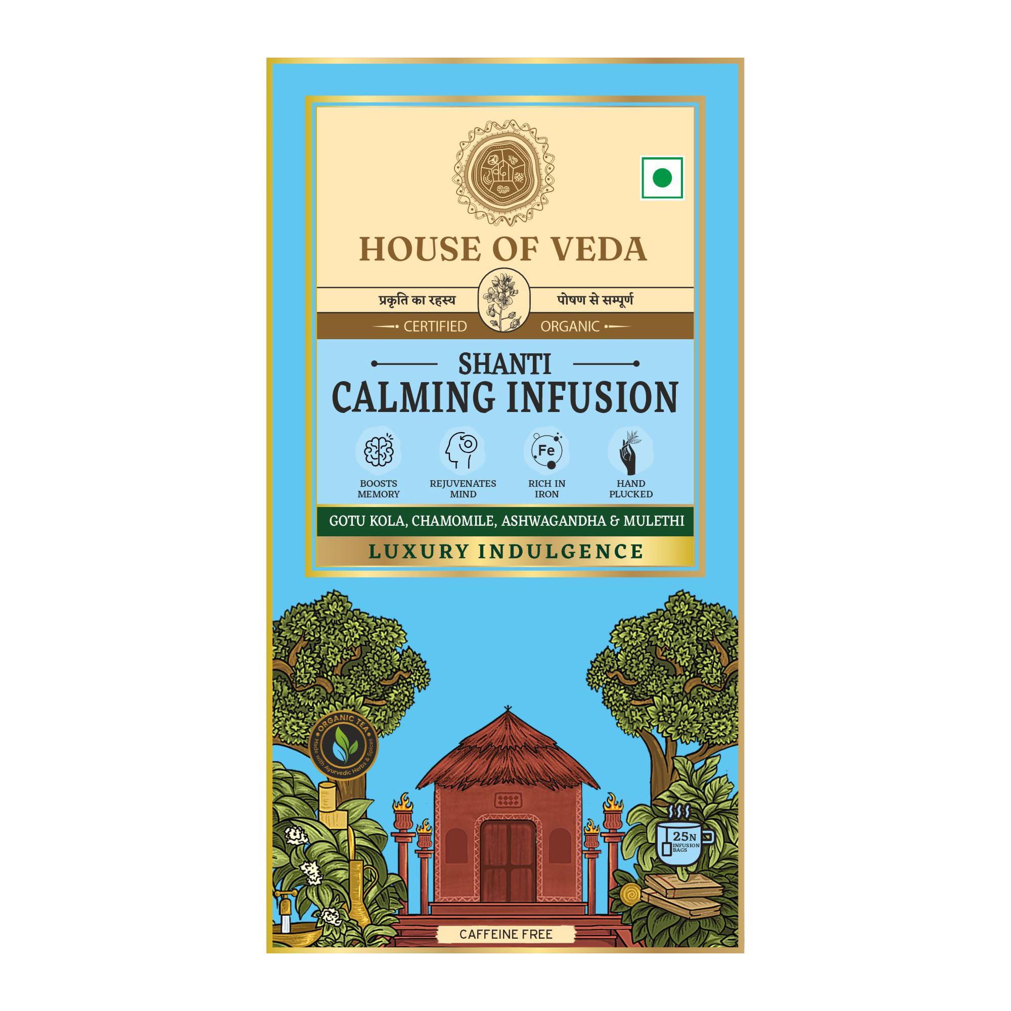 HOUSE OF VEDA House of Veda Calming Infusion - 25 Infusion Bags | Soothing Blend with Mulethi, Gotu Kola, Nutmeg, Cardamom, Chamomile, Tulsi, Shankhpushpi, Ashwagandha, and Brahmi