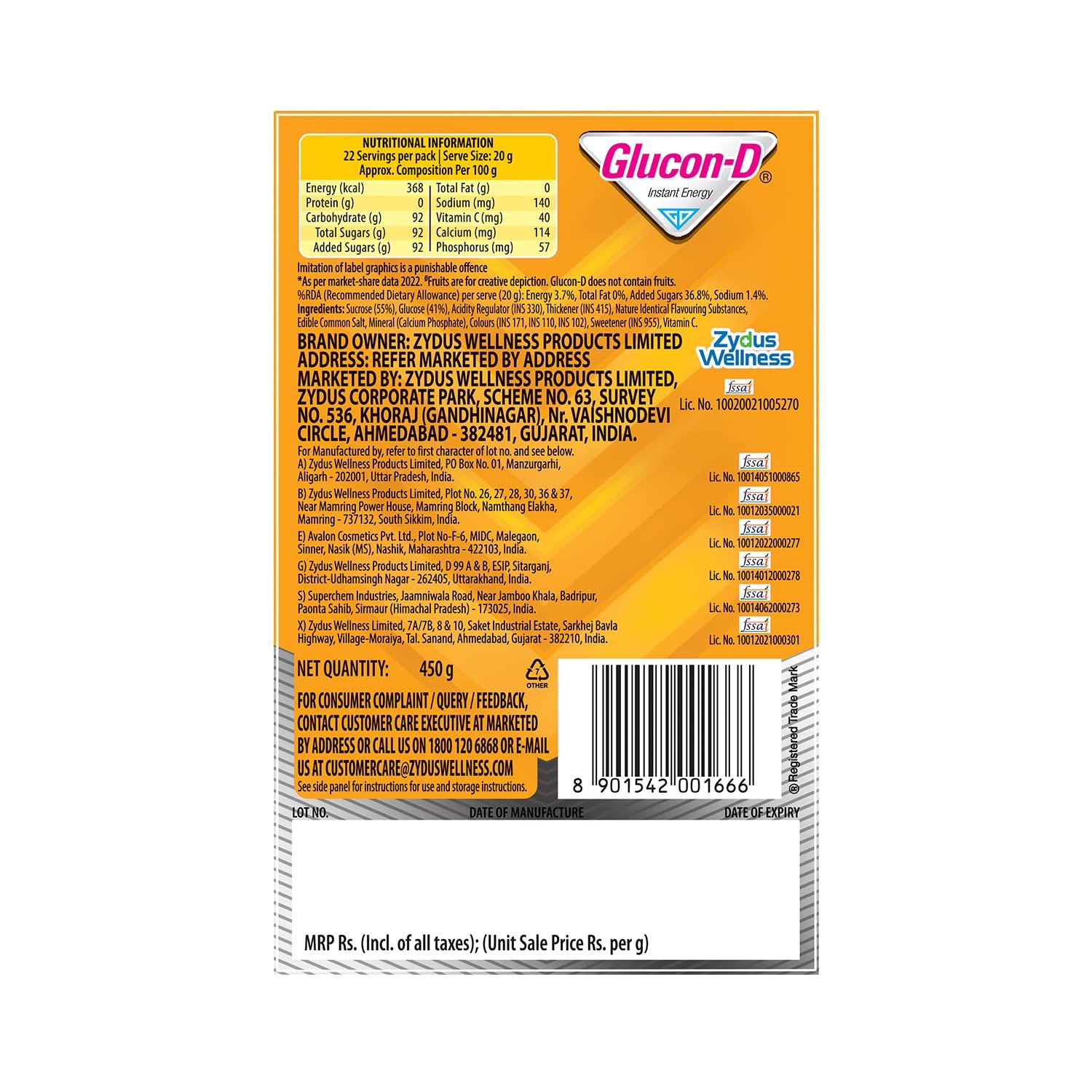 Glucon-D Glucon-D Mango Blast Glucose Powder (450g, Refill)| For Tasty & Healthy Mango Flavoured Glucose Drink| Provides Instant Energy| Vitamin C Supports Immunity| Contains Calcium for Bone Health