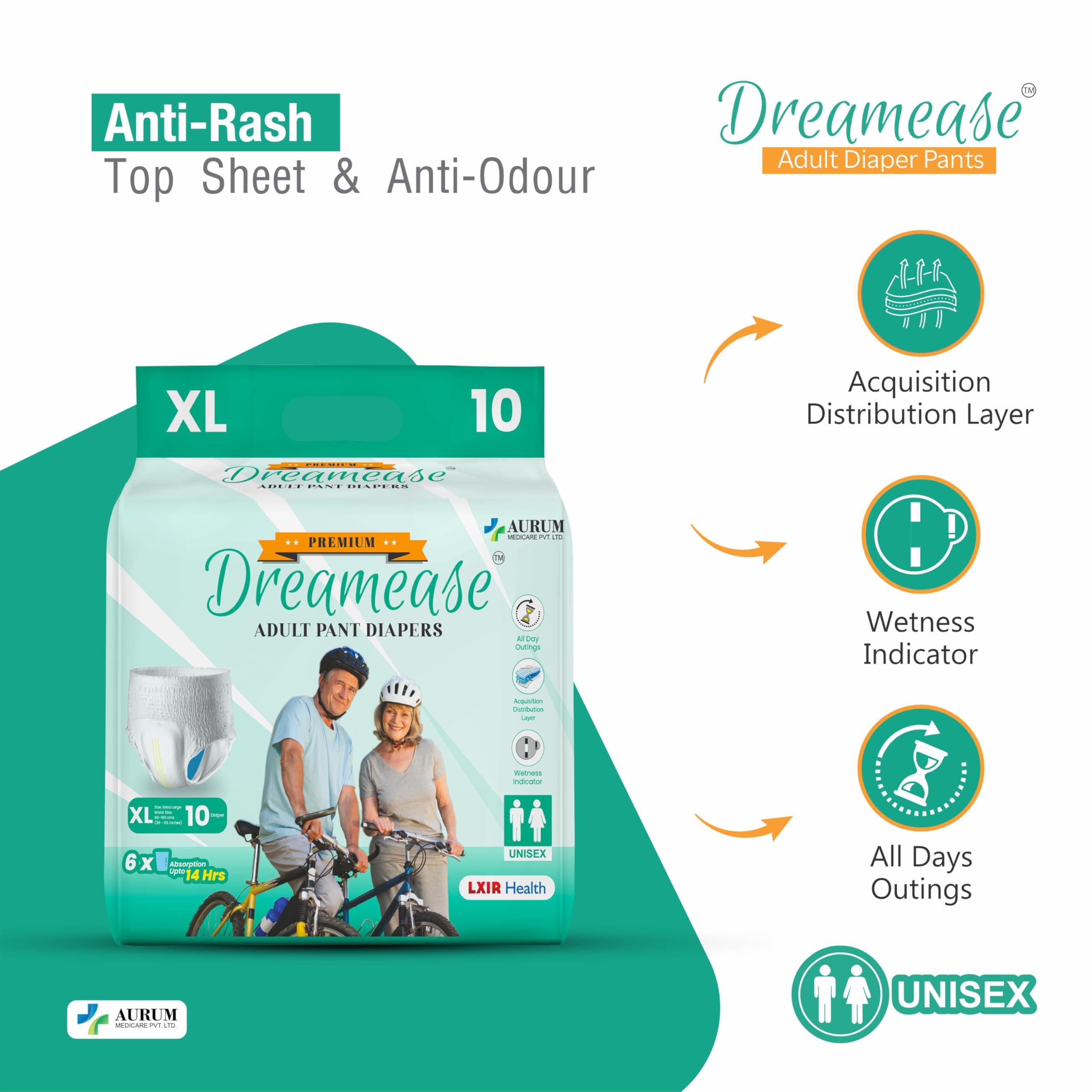 Dreamease Dreamease Adult Diapers Pants Style | Medium Size (M) Waist (61-115 Cm | 24-45) | 6X Super Absorbency Upto 14 Hrs | Unisex with Wetness Indicator | 10 Units. (XL)