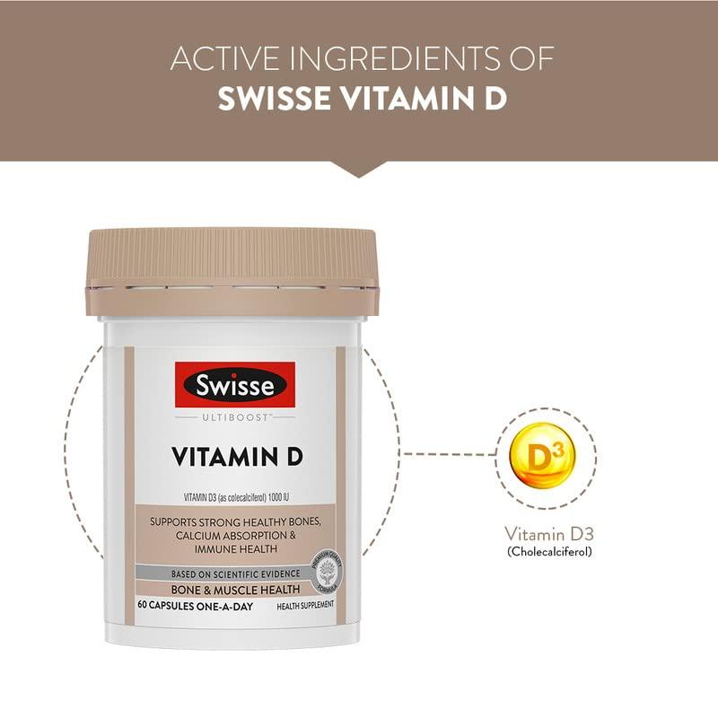 Swisse Swisse Vitamin D - 100% RDA of Vitamin D3 (Manufactured In Australia, Internationally Proven Formula) High Absorption Vitamin D3 For Healthy Bones, Immunity & Strong Muscles (90 Tablets)