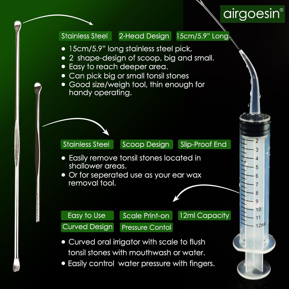 airgoesin Airgoesin Lighted Tonsil Stone Remover Tools or Earwax Removal Tools, Yellow, 3 Tips, Tonsillolith Pick Case + 1 Irrigator Cleaner : Yellow