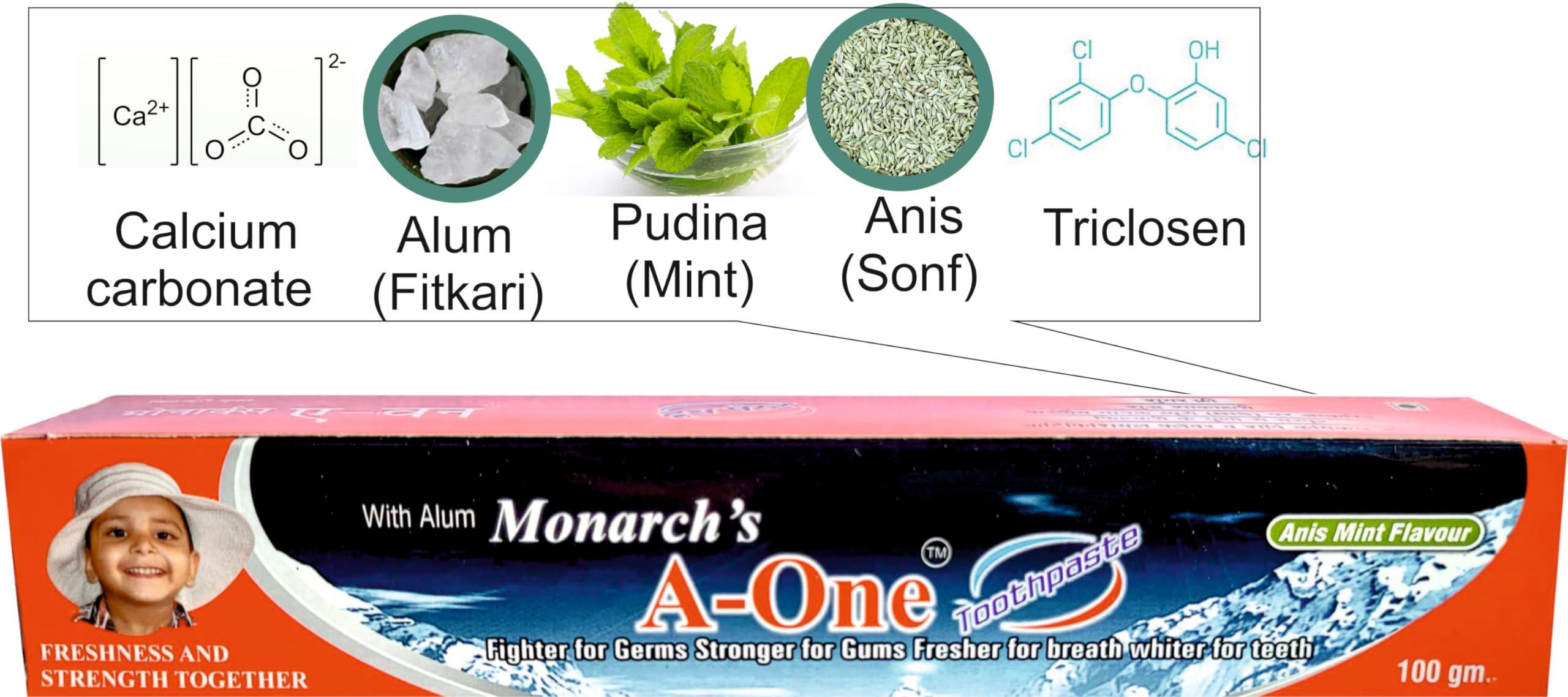 Monarch\'s A-One A- One Toothpaste 100 gm ( set of 3 ) with Alum, for strong, white shiny teeth and tight gums, reduce smell and Bleeding Gums