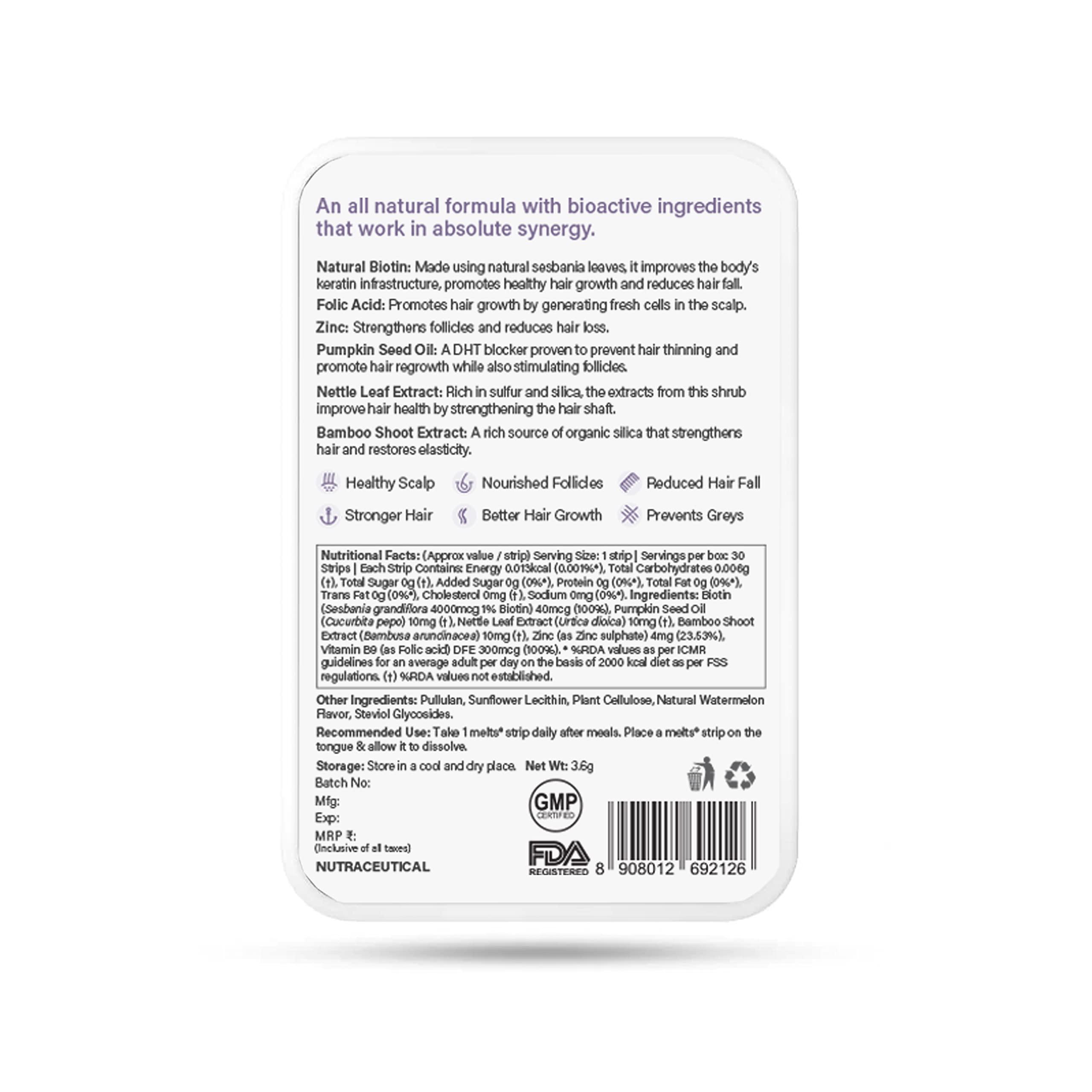 WELLBEING NUTRITION Wellbeing Nutrition Melts Healthy Hair | Plant Based Biotin, Zinc, Bamboo Extract, Folic acid for Hair Nourishment, Strength and Thickness (60 Oral Strips)