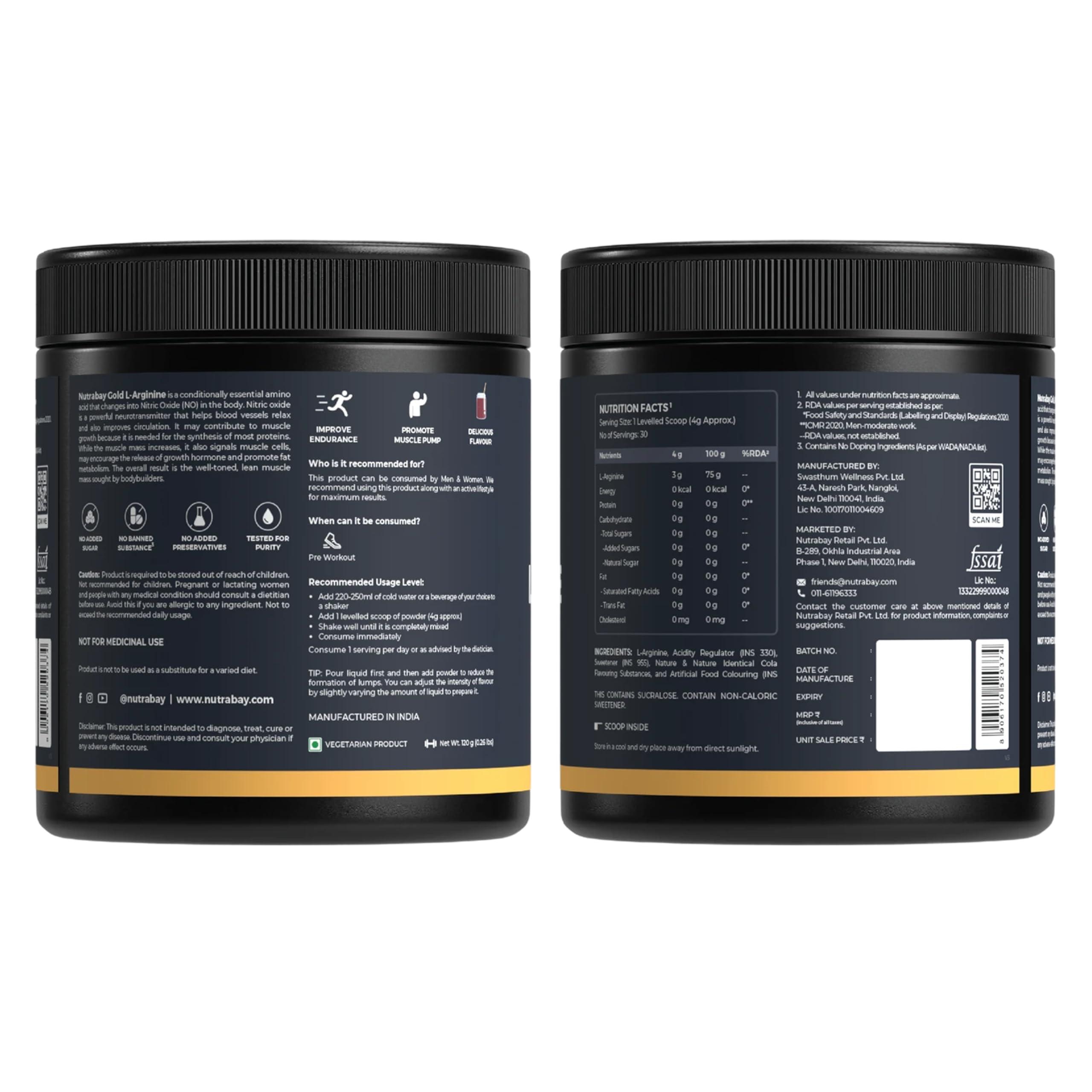 Nutrabay Nutrabay Gold L-Arginine Supplement Powder - 120g, Cola Flavor | Pre Workout Amino Acid for Endurance, Muscle Building & Faster Recovery