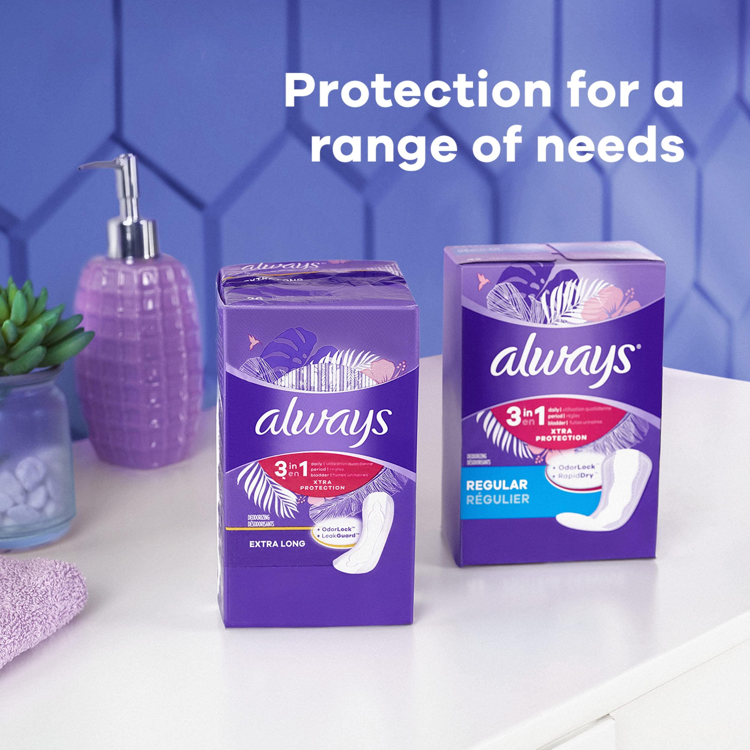 Always Always Xtra Protection 3-in-1 Daily Liners for Women, Extra Long, 60 CT