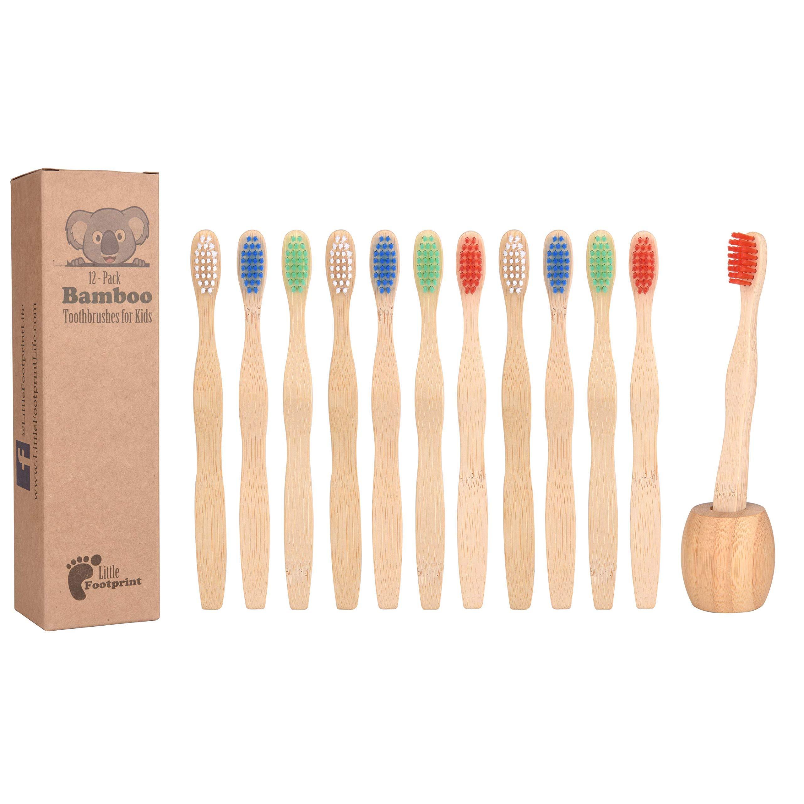 Little FootPrint Kids Bamboo Toothbrushes - 12 Pack |BPA Free Soft Bristles Toothbrushes | Eco-Friendly, Natural Bamboo Toothbrush Set | Biodegradable, Compostable, Wooden Eco Friendly by Little Footprint
