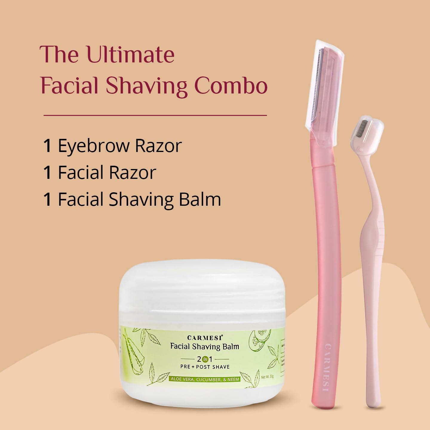 Carmesi Carmesi Women\'s Face Hair Removal Combo | 1 Face Razor, 1 Eyebrow Razor, 1 Facial Shaving Balm | Instant & Painless Hair Removal | For Eyebrows, Upper Lip, Forehead, Peach Fuzz, Chin and Sideburns