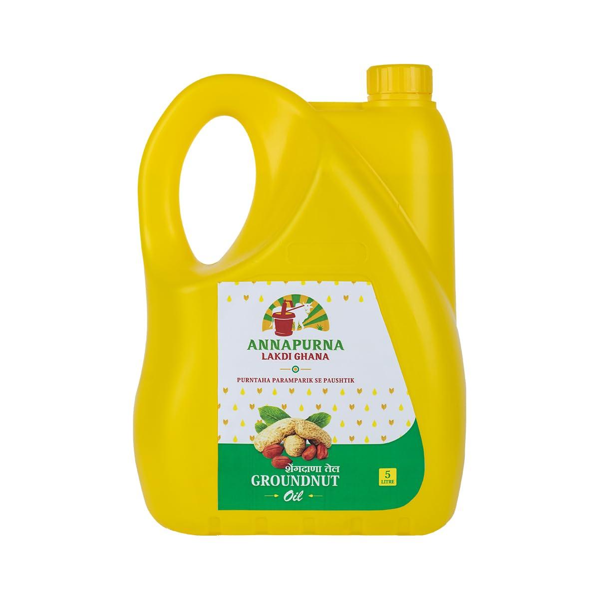 Annapurna Lakdi Ghana Annapurna Lakdi Ghana Cold Pressed Groundnut/Peanut Oil | Kolhu Kachhi-Ghani Wood Pressed Natural Cooking Oil | Pro Healthy, Chemical Free (5 Litre)