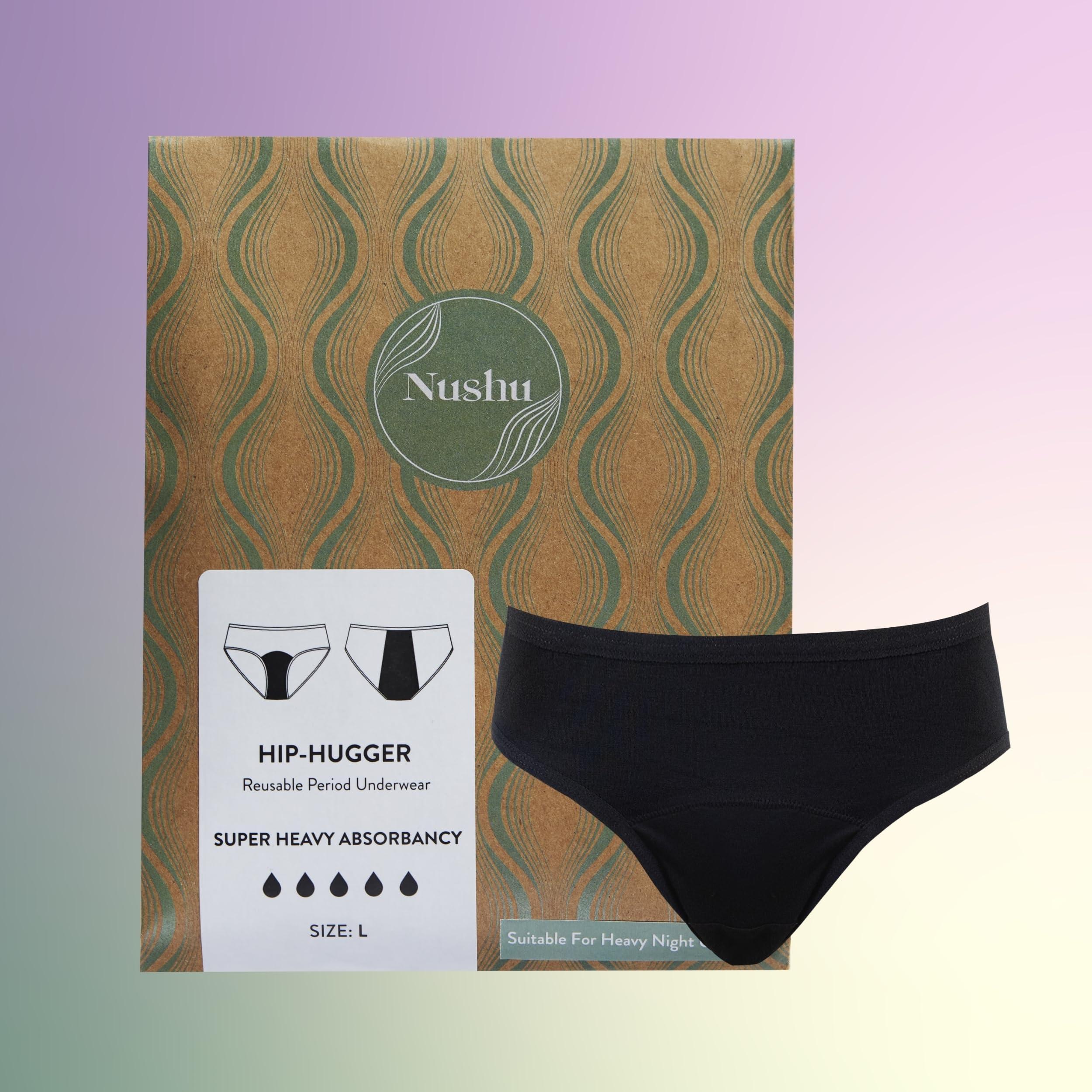 Nushu Nushu Hip Hugger Period Panty for Women & Girls - Leak Proof & Reusable Underwear - For Super Heavy Flow, Absorbs Up to 6 Pads - 12-24hrs Protection, Bamboo Fabric Panty -(L) Black