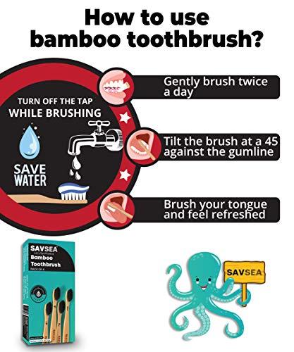 SAVSEA SavSea Bamboo toothbrush for adults | Charcoal bamboo toothbrush soft medium bristles| Pack of 4 adult toothbrush with biodegradable bamboo