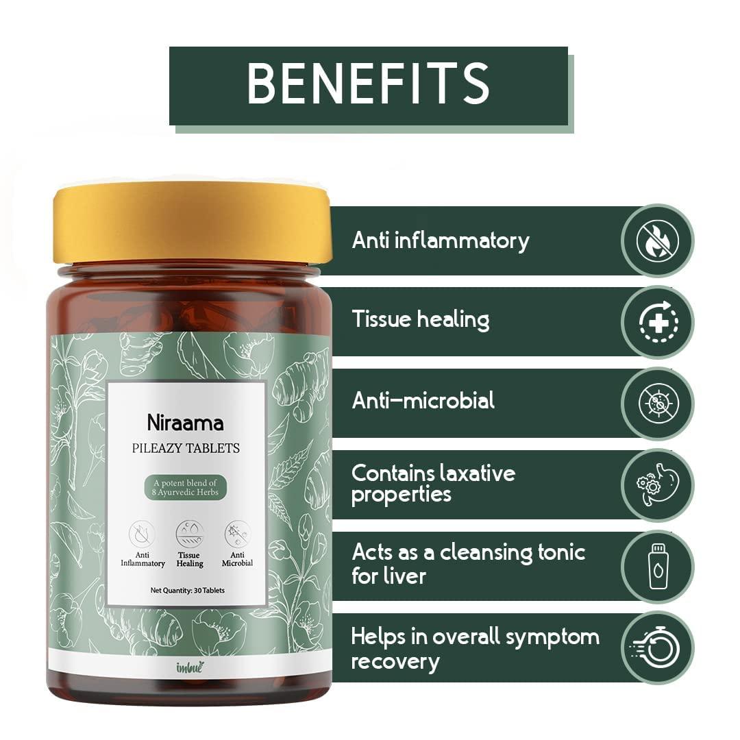 IMBUE IMBUE Niraama Pileazy Tablets I Ayurvedic Tablet For Piles Care I Anti Inflammatory | Acts as cleansing tonic for liver | Paraben & Cruelty Free - 30 Tablets
