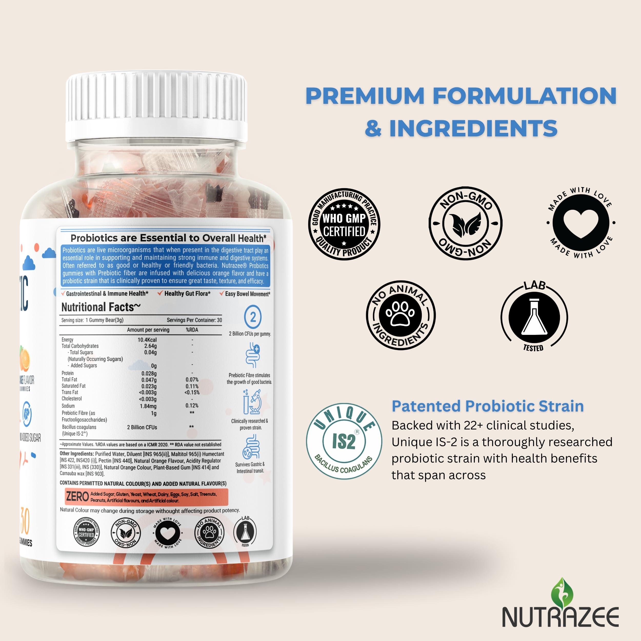 Nutrazee Nutrazee Probiotic Gummies - 2 Billion CFU, Prebiotic Fiber - Zero Added Sugar Supplement For Kids, Men & Women Clinically Validated For Digestion, Easy Bowel Movement & Immunity, 30 Gummy Bears -Orange Flavour