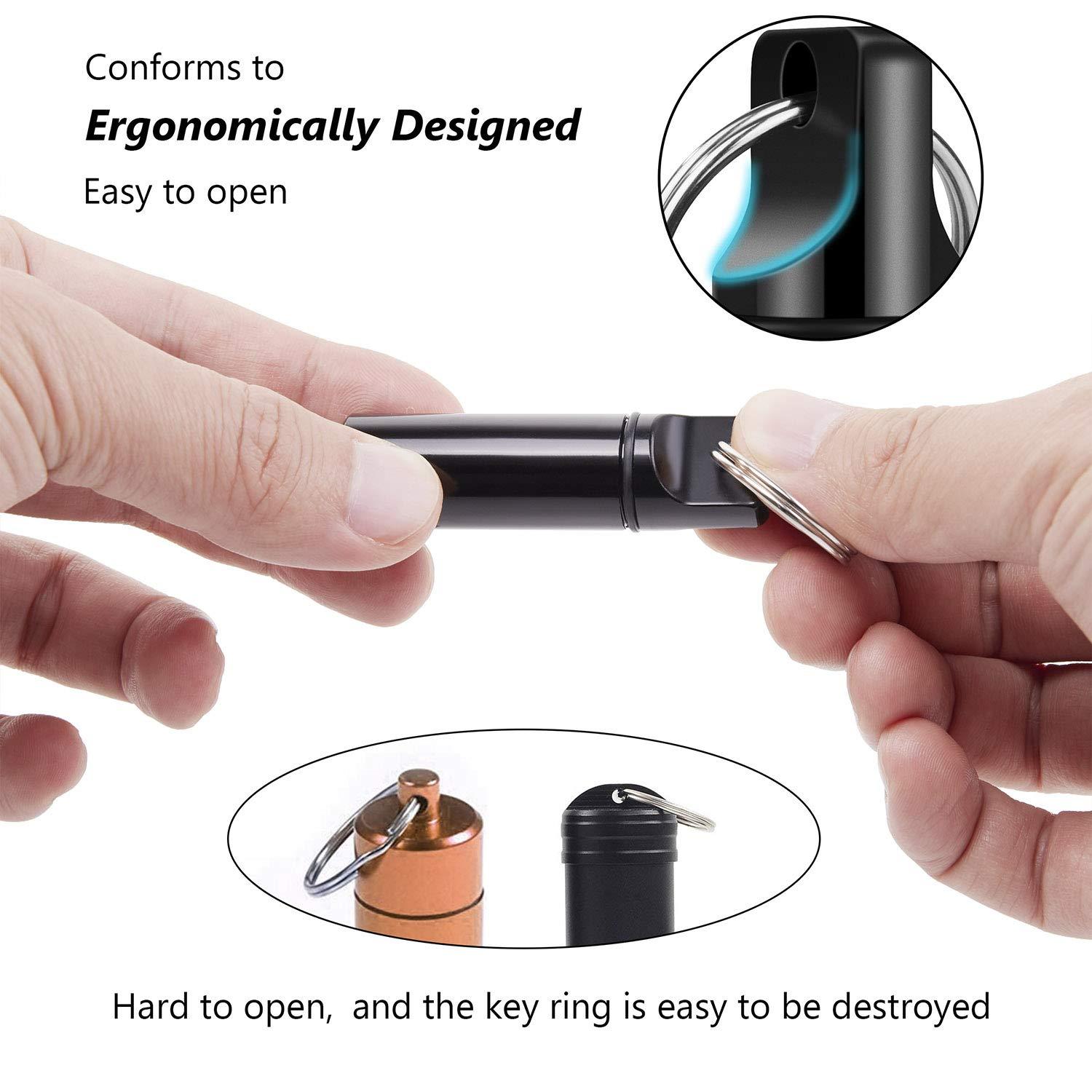 Oupex 2 Pack Small Pocket Pill Box Keychain, Portable Mini Aluminium Alloy Pill Organizer Case Container for Purse, Waterproof Metal Pill Holder Medicine Bottle for Outdoor Camping Travel(Black+Silver)