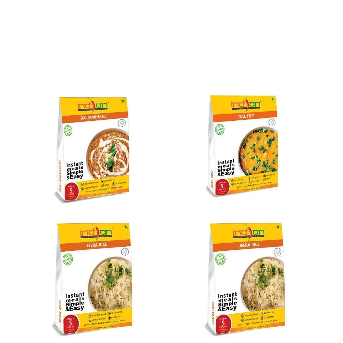 Indian Kitchen Foods Indian Kitchen Foods Freeze Dried Gluten-Free Ready to Eat Food | Instant Vegetarian Meal - Jain Dal Rice Combo (2xJeera Rice, Dal Fry and Dal Makhani), Pack of 4