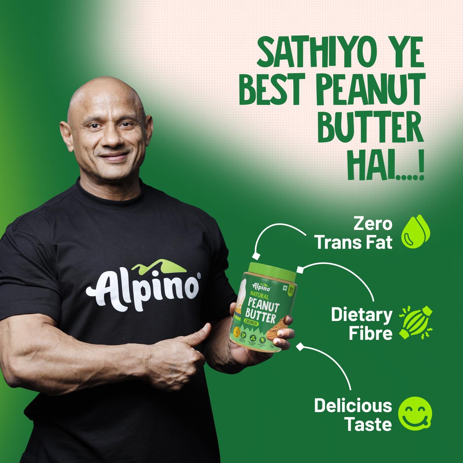 Alpino ALPINO Natural Peanut Butter Crunch 2kg - 100% Roasted Peanuts - 30g Protein, No Added Sugar & Salt, Gluten Free Plant Based, Unsweetened Peanut Butter Crunchy - 1kg, Pack of 2